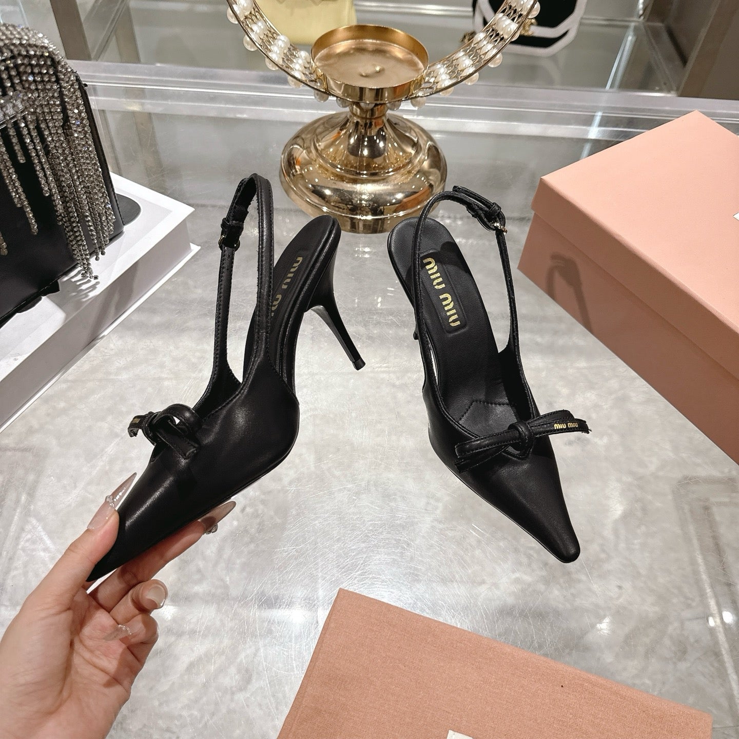 Miu 26 High Heel Slingback 80 Black Leather 592097