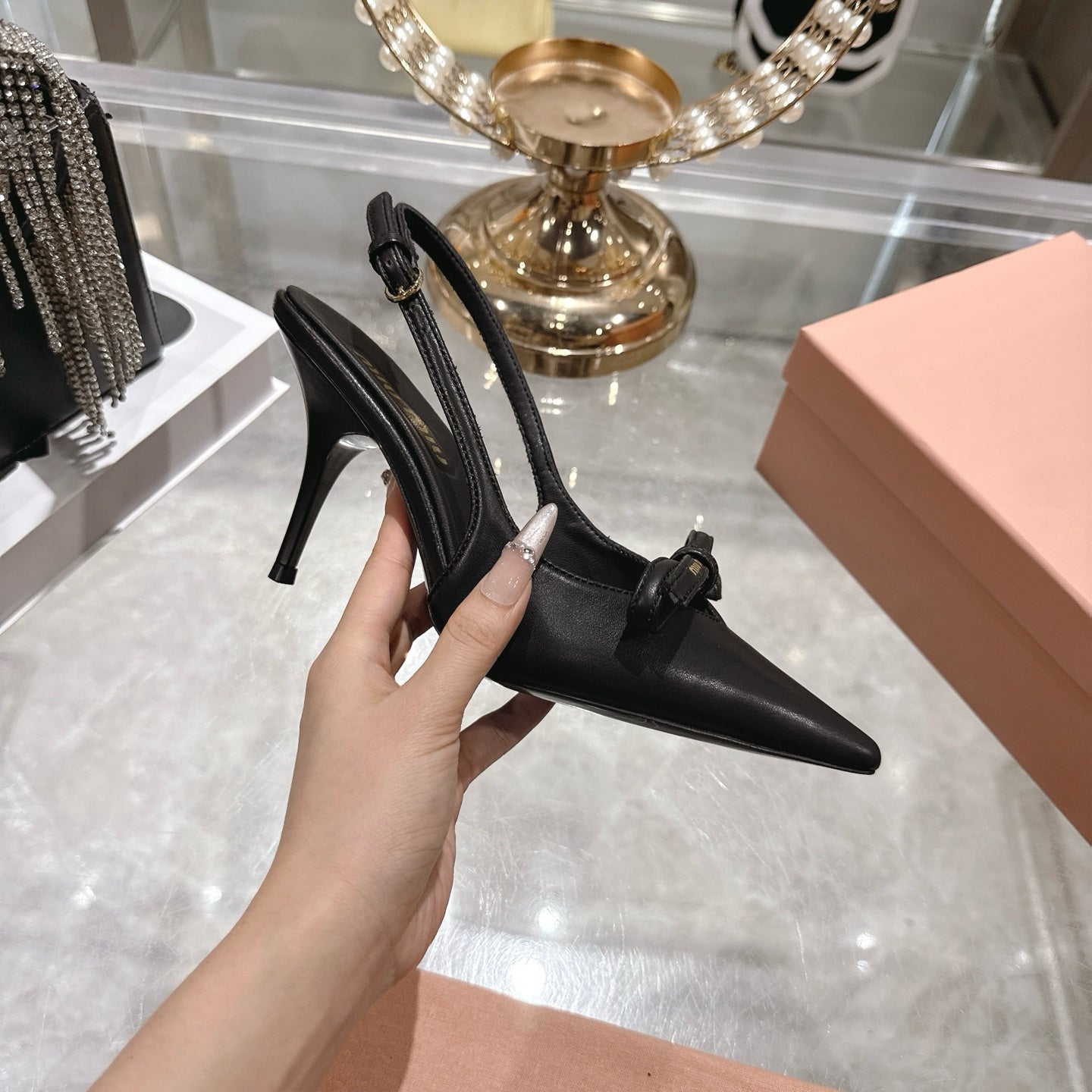 Miu 26 High Heel Slingback 80 Black Leather 592097