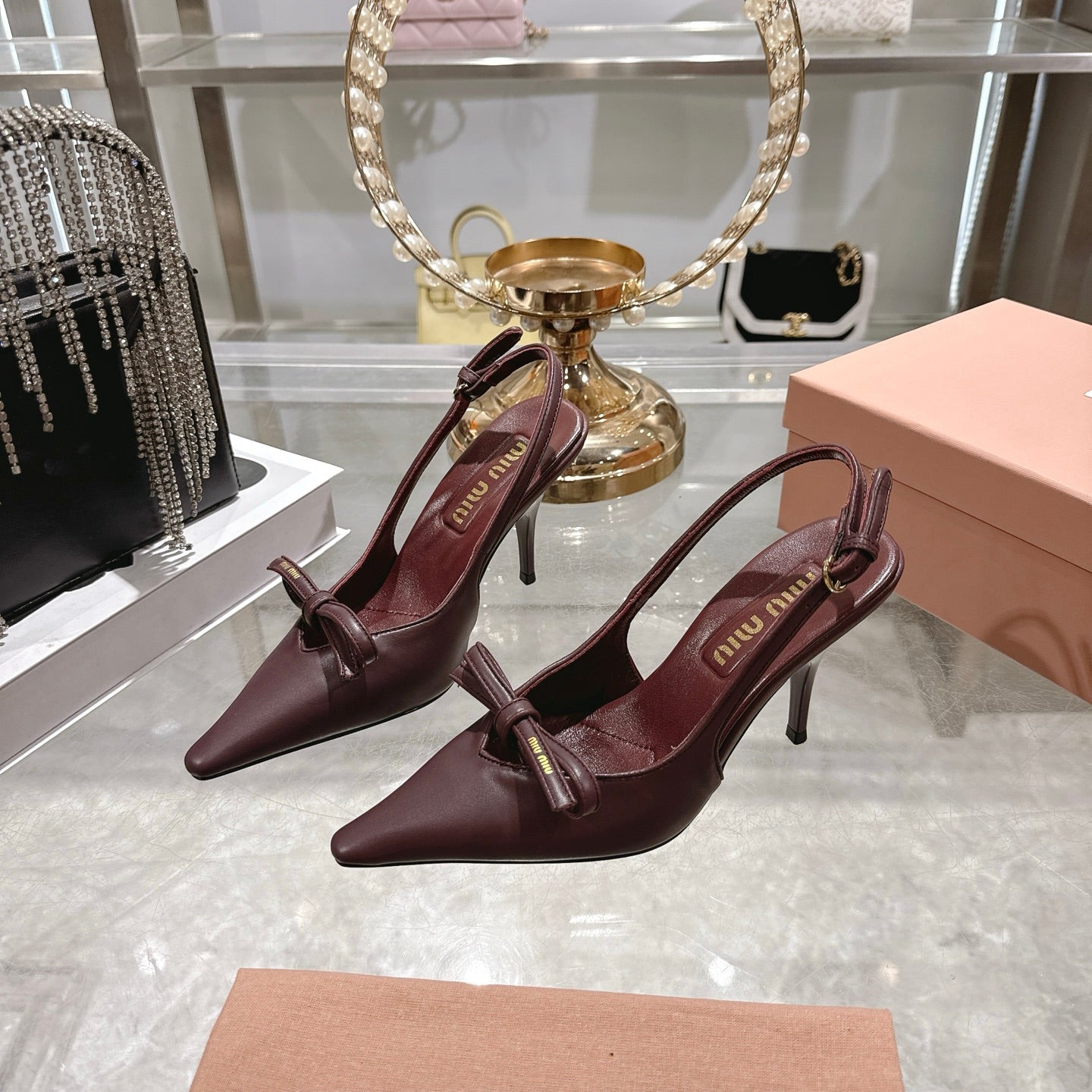 Miu 26 High Heel Slingback 80 Burgundy Leather 592098