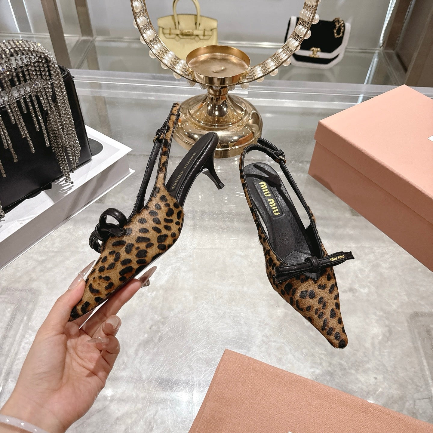 Miu 26 High Heel Slingback 45 Leopard Print Suede Leather 592093