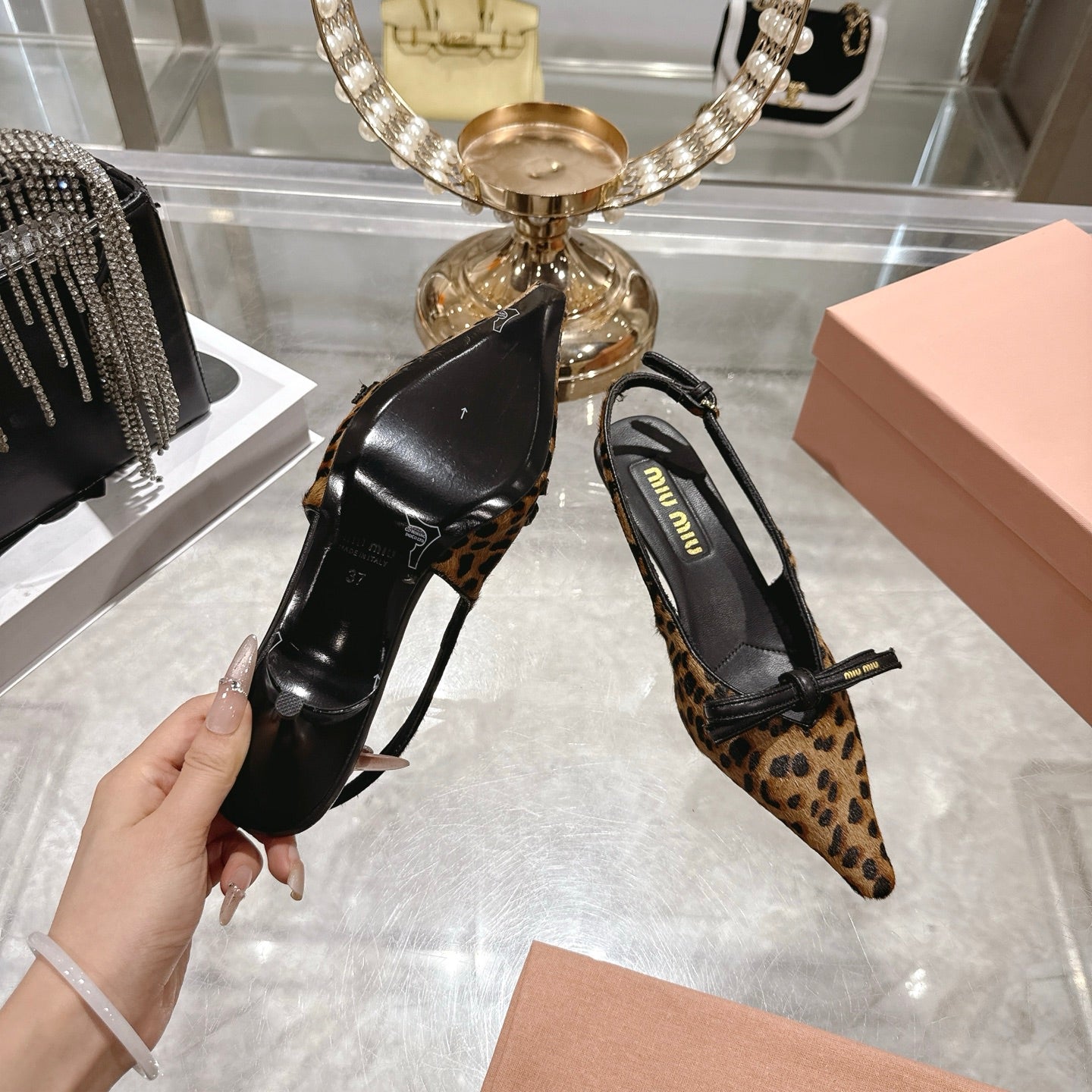 Miu 26 High Heel Slingback 45 Leopard Print Suede Leather 592093