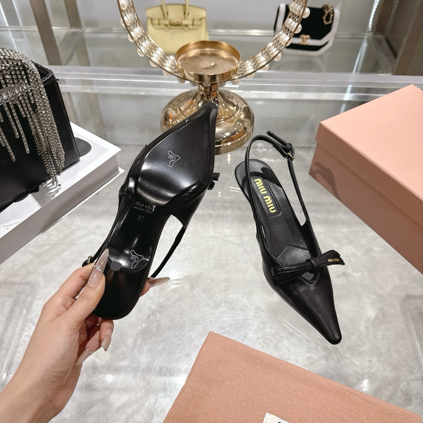 Miu 26 High Heel Slingback 45 Black Leather 592094