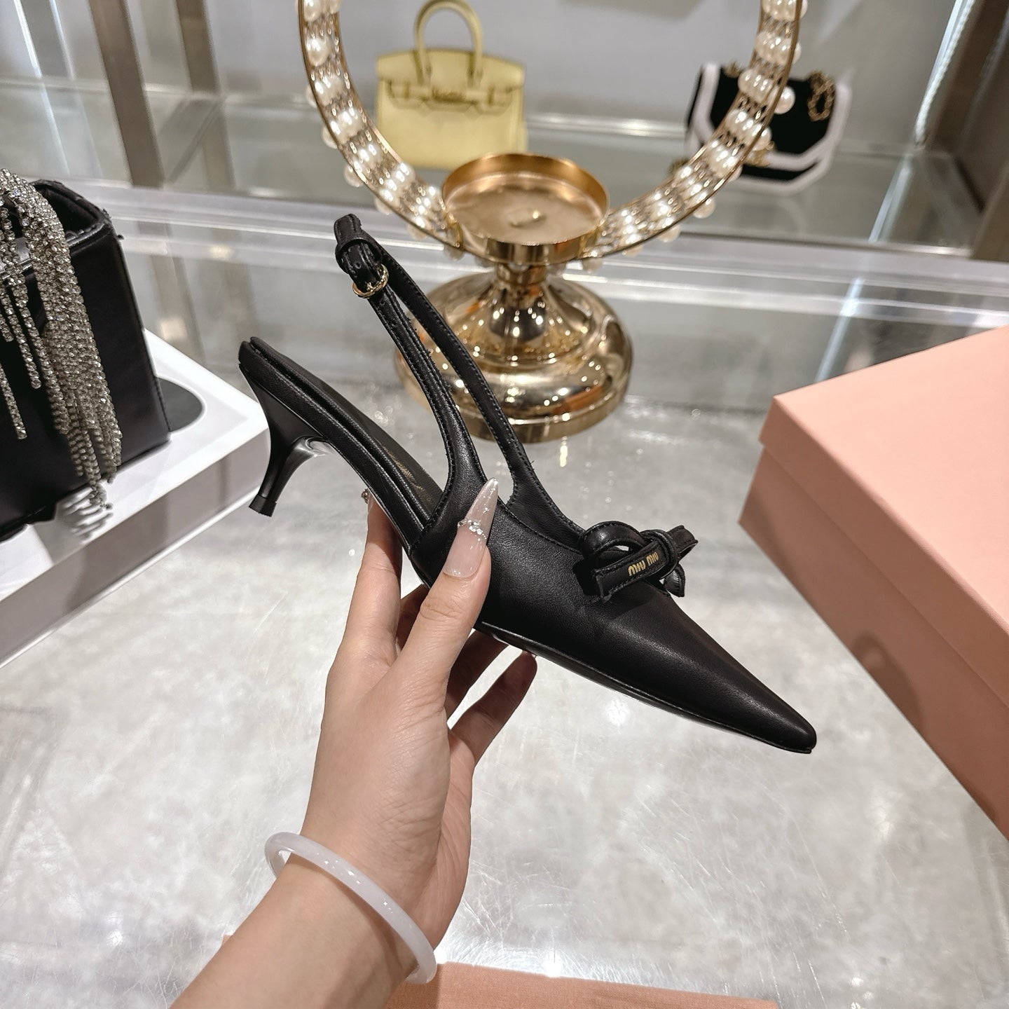 Miu 26 High Heel Slingback 45 Black Leather 592094