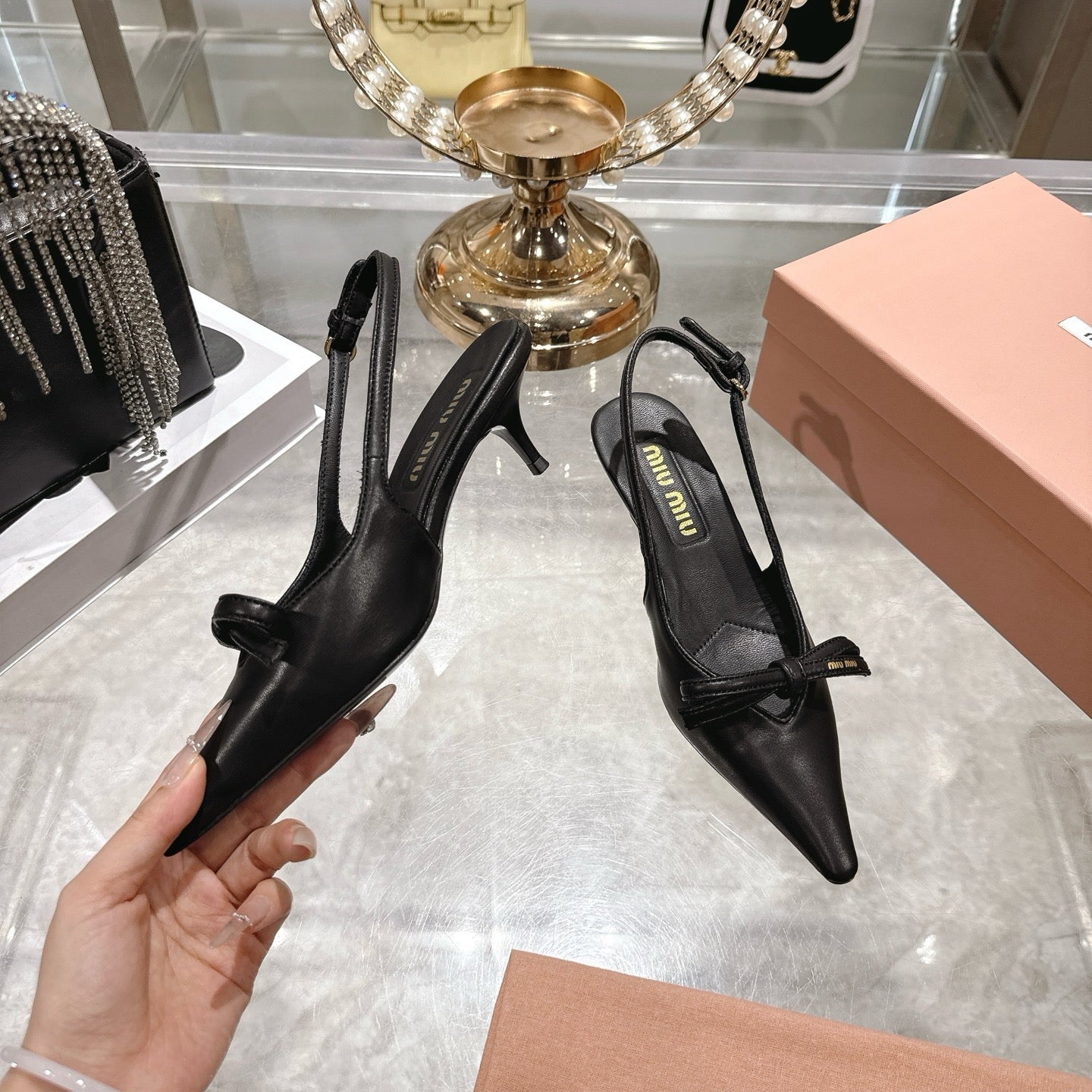 Miu 26 High Heel Slingback 45 Black Leather 592094