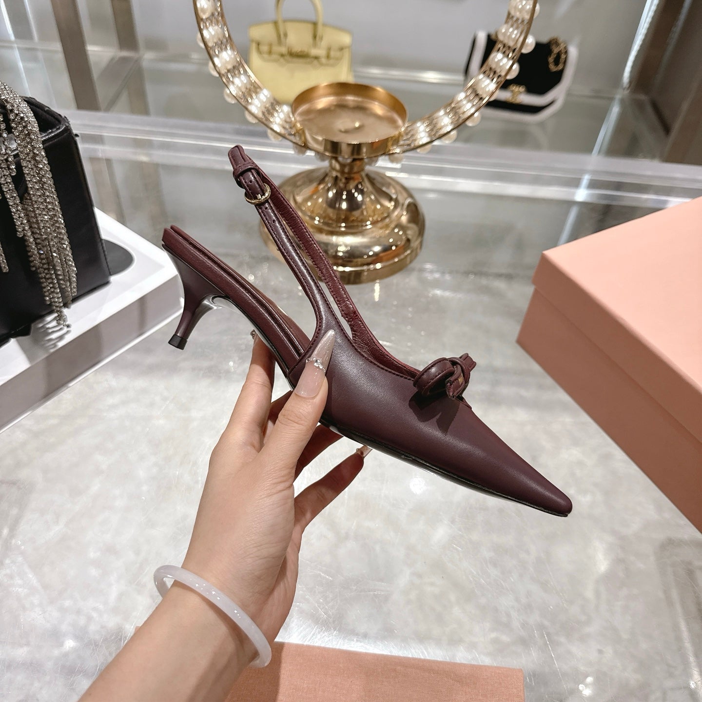 Miu 26 High Heel Slingback 45 Burgundy Leather 592095