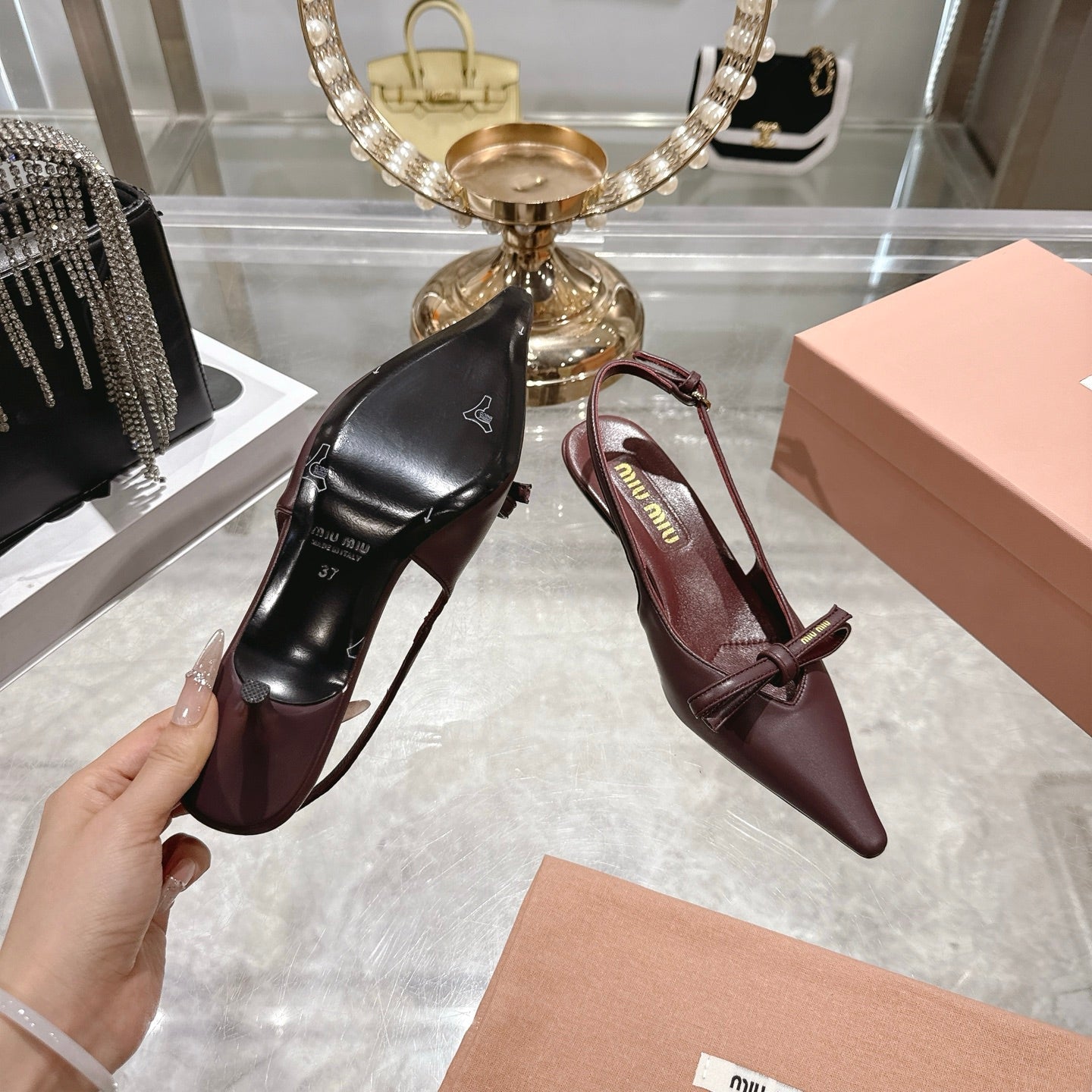 Miu 26 High Heel Slingback 45 Burgundy Leather 592095