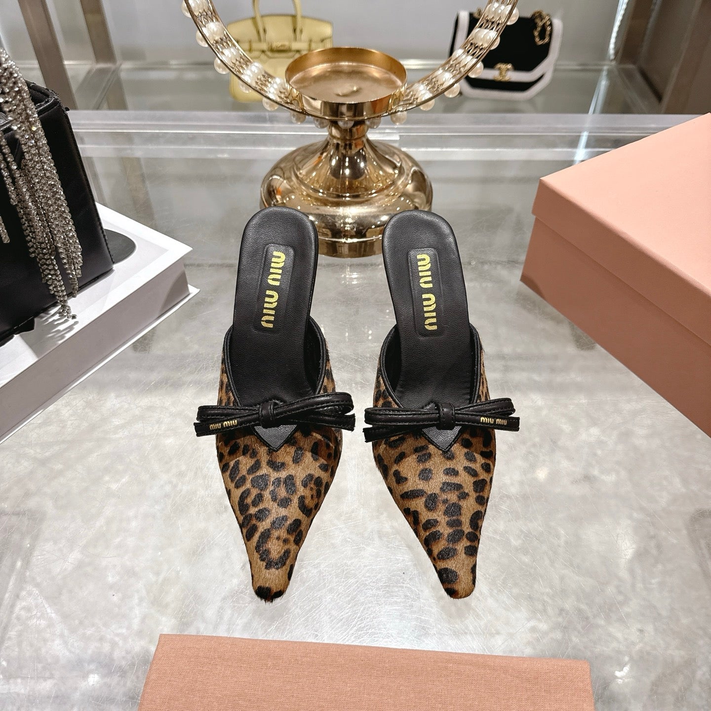 Miu 26 Pointed Toe High Heel Mule Leopard Print Sheepskin 592085