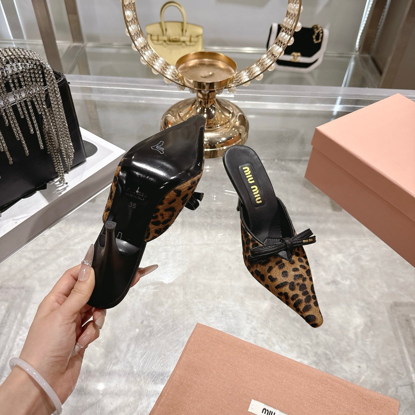 Miu 26 Pointed Toe High Heel Mule Leopard Print Sheepskin 592085