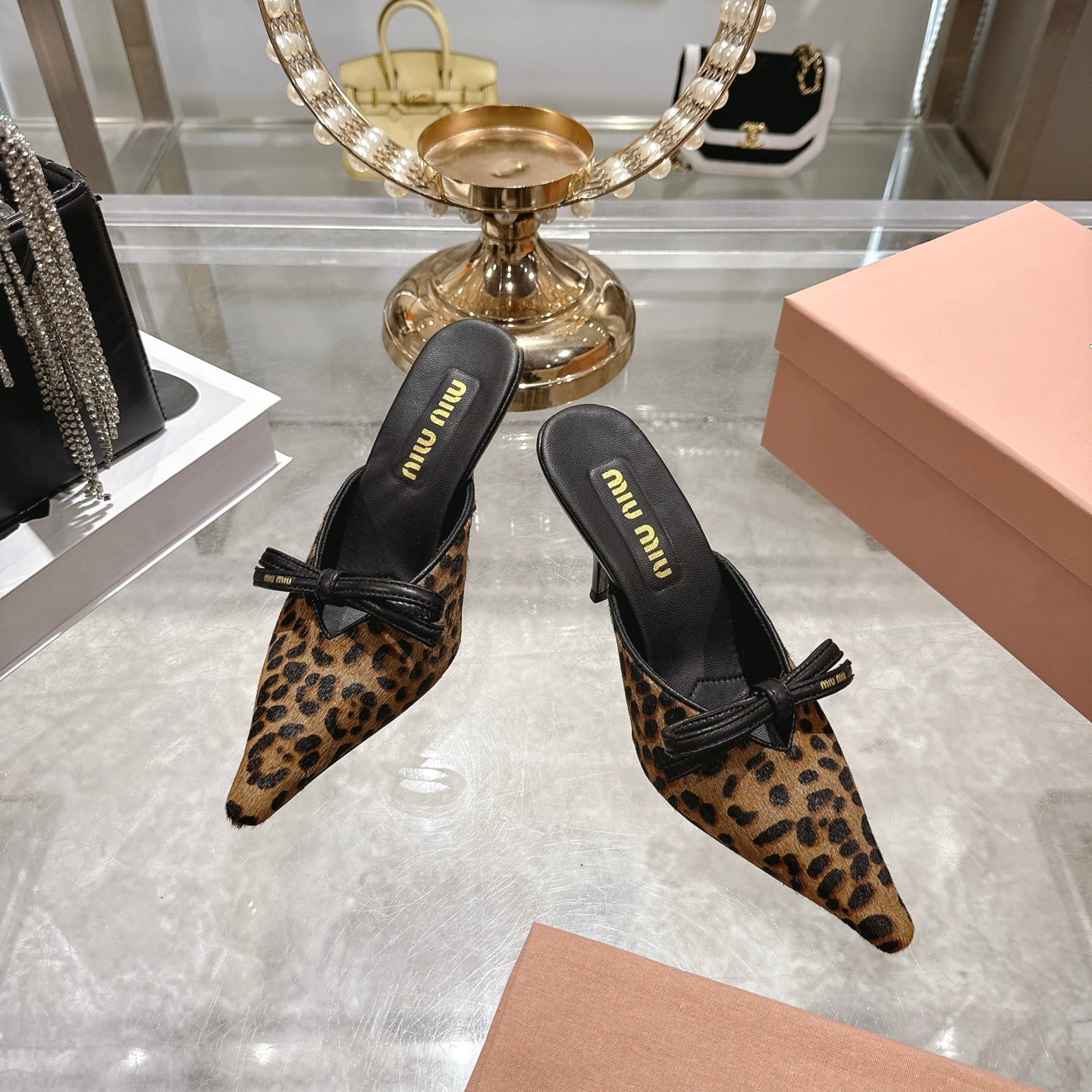 Miu 26 Pointed Toe High Heel Mule Leopard Print Sheepskin 592085