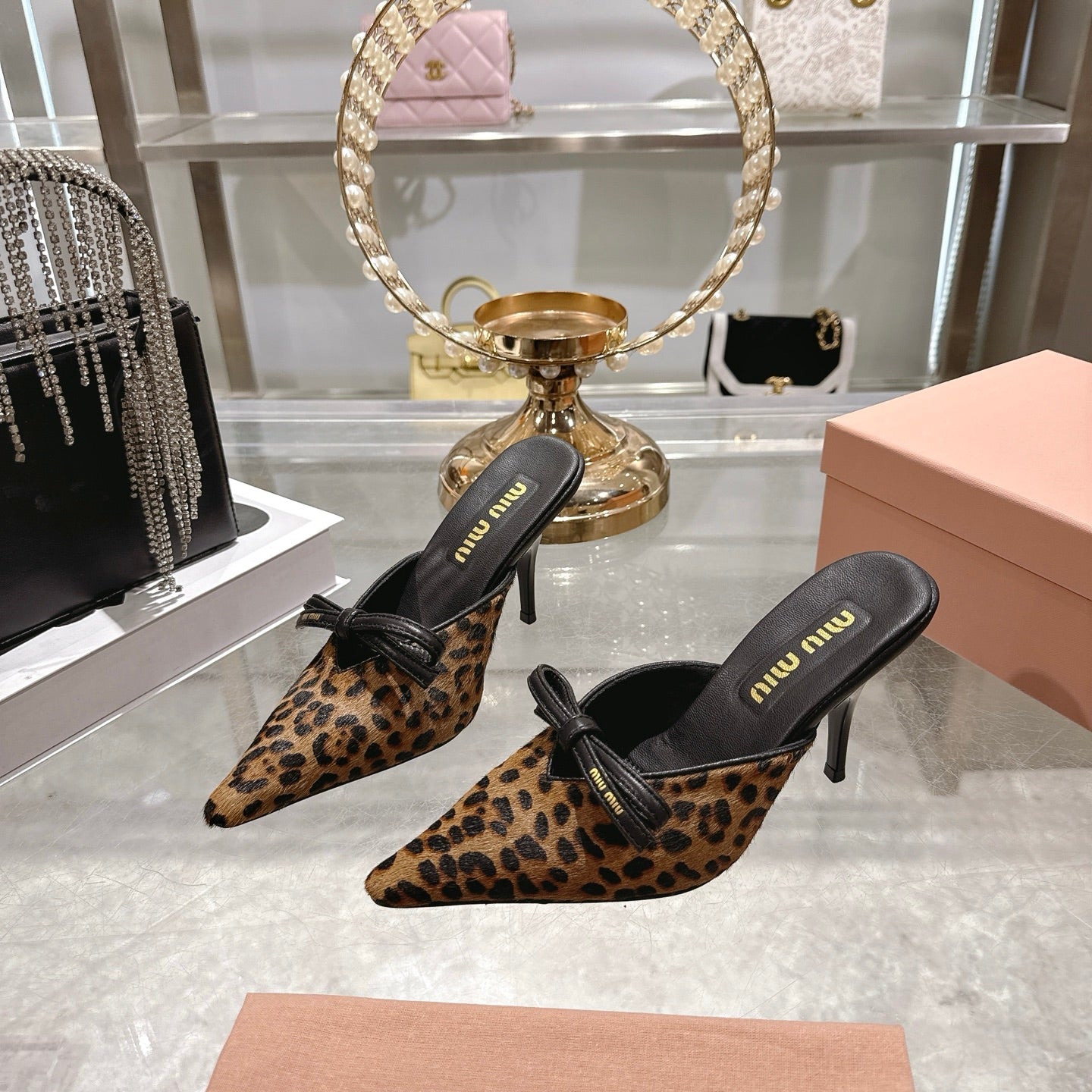 Miu 26 Pointed Toe High Heel Mule Leopard Print Sheepskin 592085