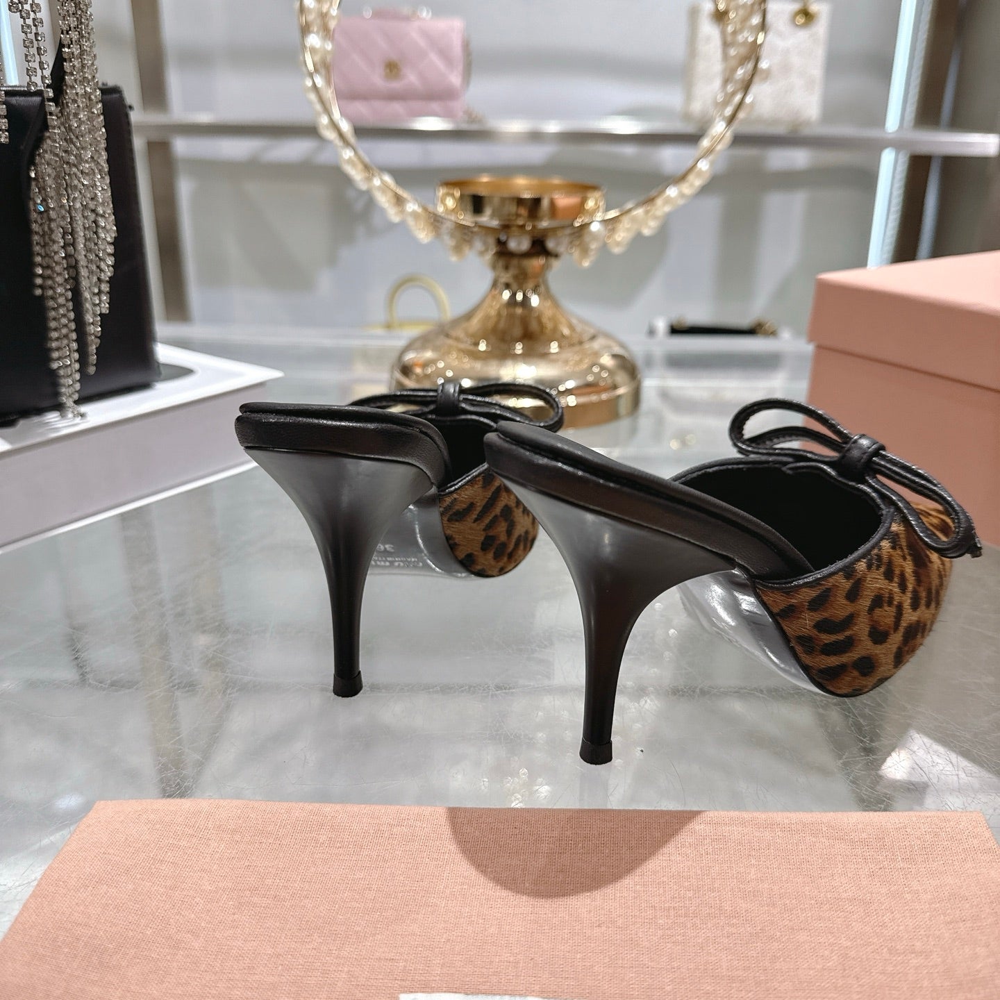 Miu 26 Pointed Toe High Heel Mule Leopard Print Sheepskin 592085