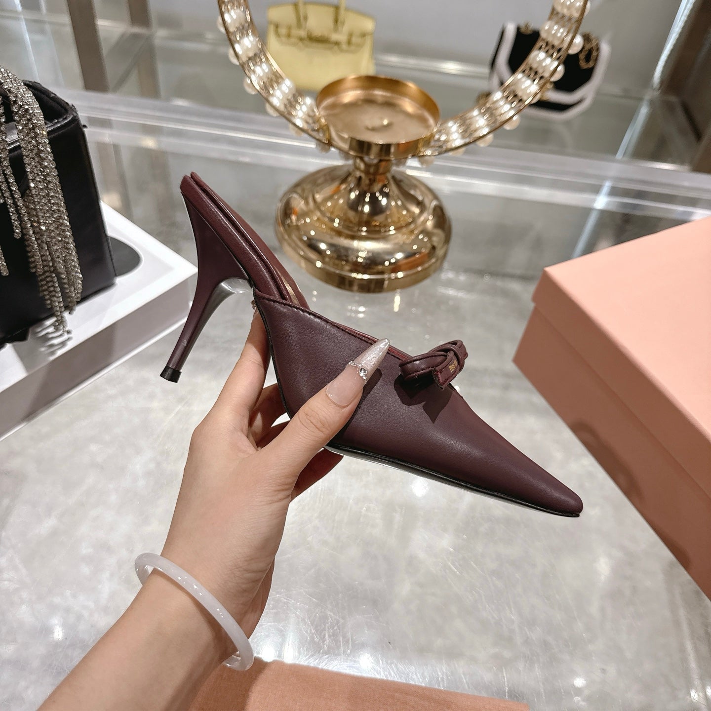 Miu 26 Pointed Toe High Heel Burgundy Sheepskin 592086