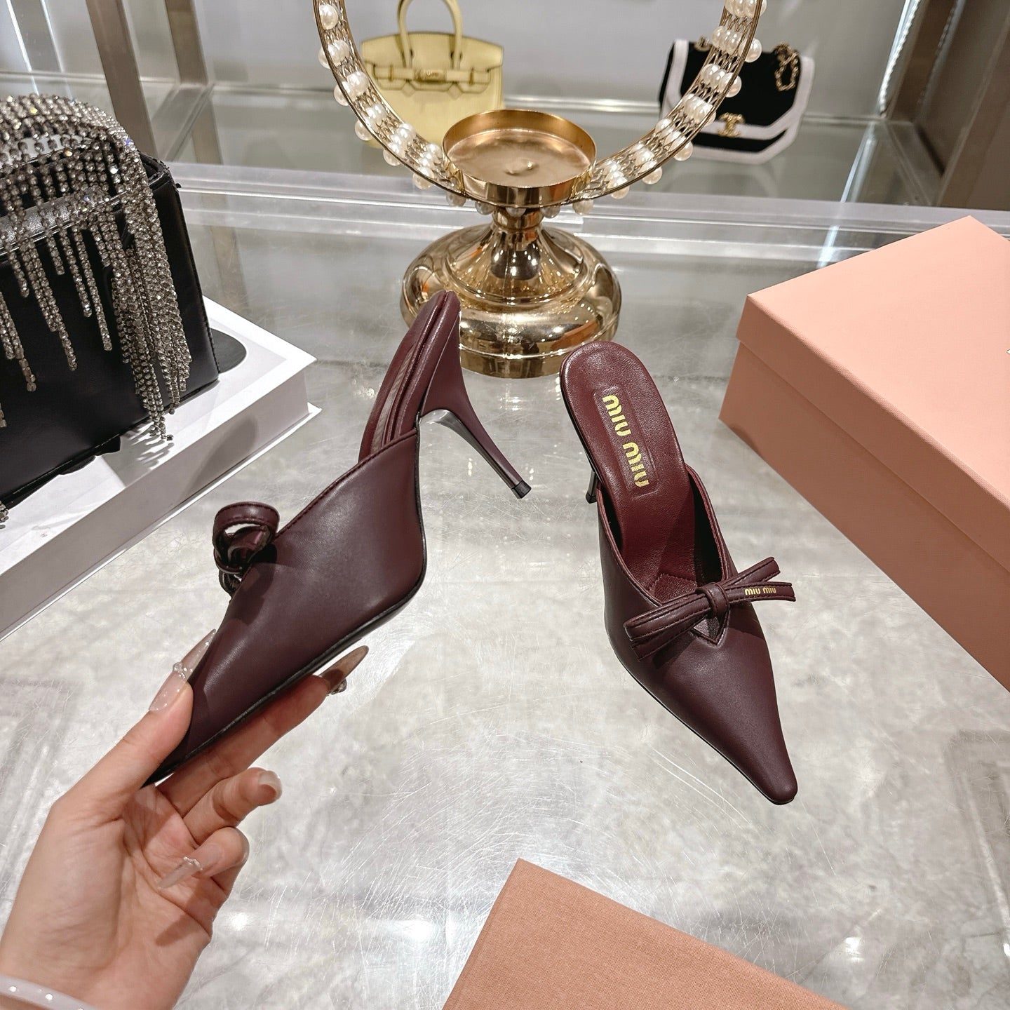 Miu 26 Pointed Toe High Heel Burgundy Sheepskin 592086