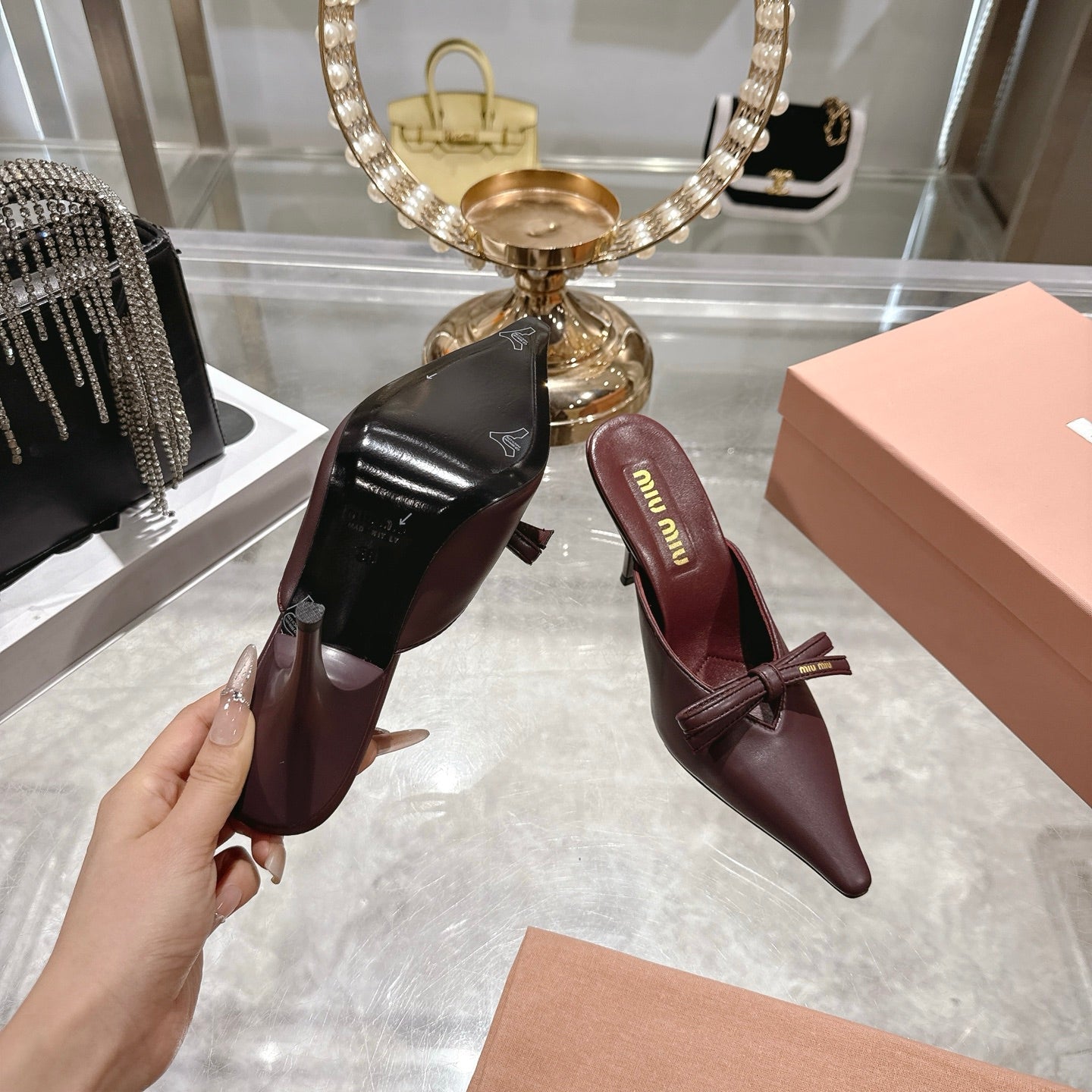 Miu 26 Pointed Toe High Heel Burgundy Sheepskin 592086