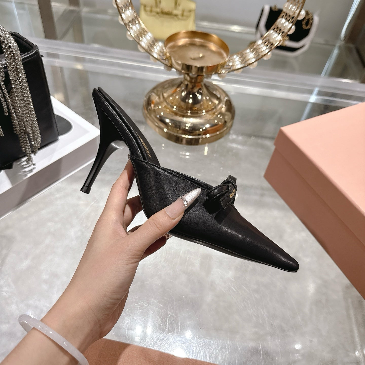 Miu 26 Pointed Toe High Heel Black Sheepskin 592087