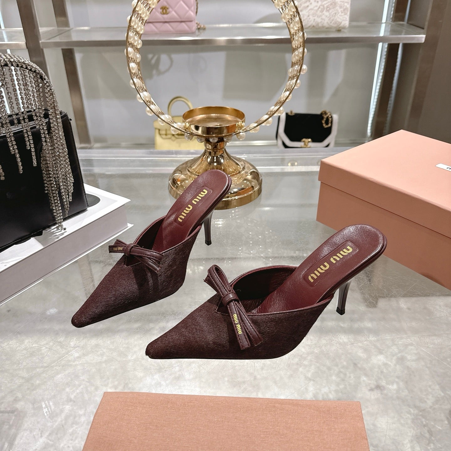 Miu 26 Pointed Toe High Heel Burgundy Suede Sheepskin 592088