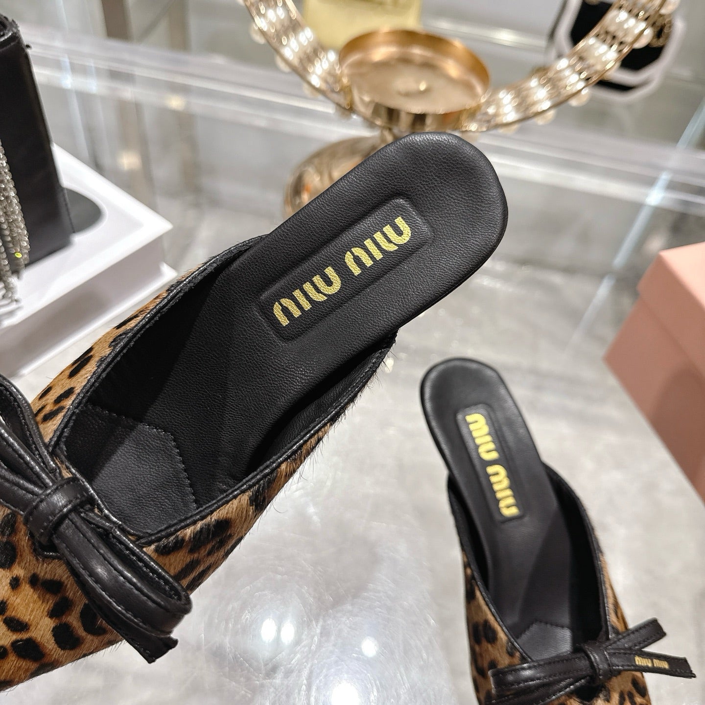 Miu 26 Pointed Toe Mule 45 Leopard Print Sheepskin 592091