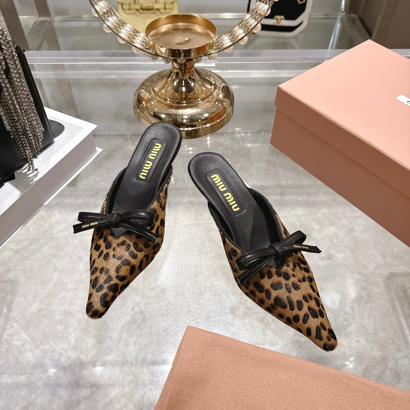 Miu 26 Pointed Toe Mule 45 Leopard Print Sheepskin 592091