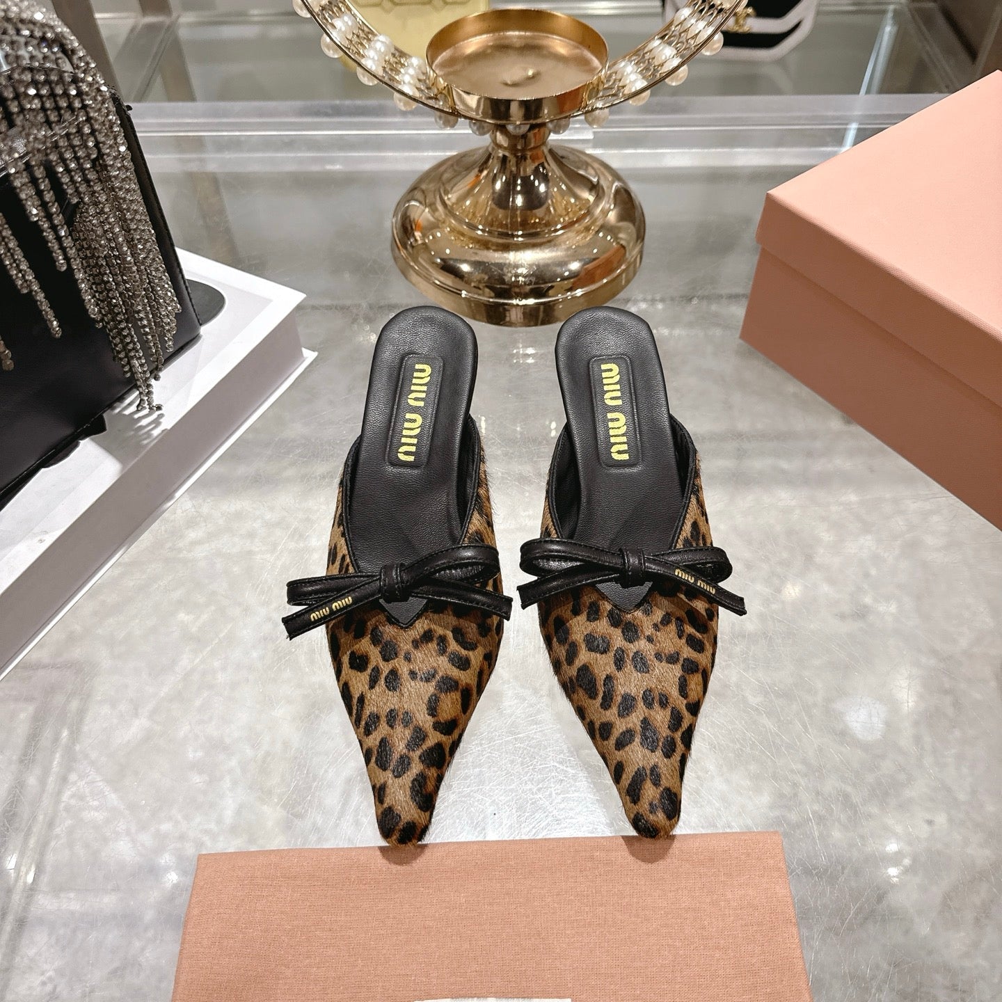 Miu 26 Pointed Toe Mule 45 Leopard Print Sheepskin 592091