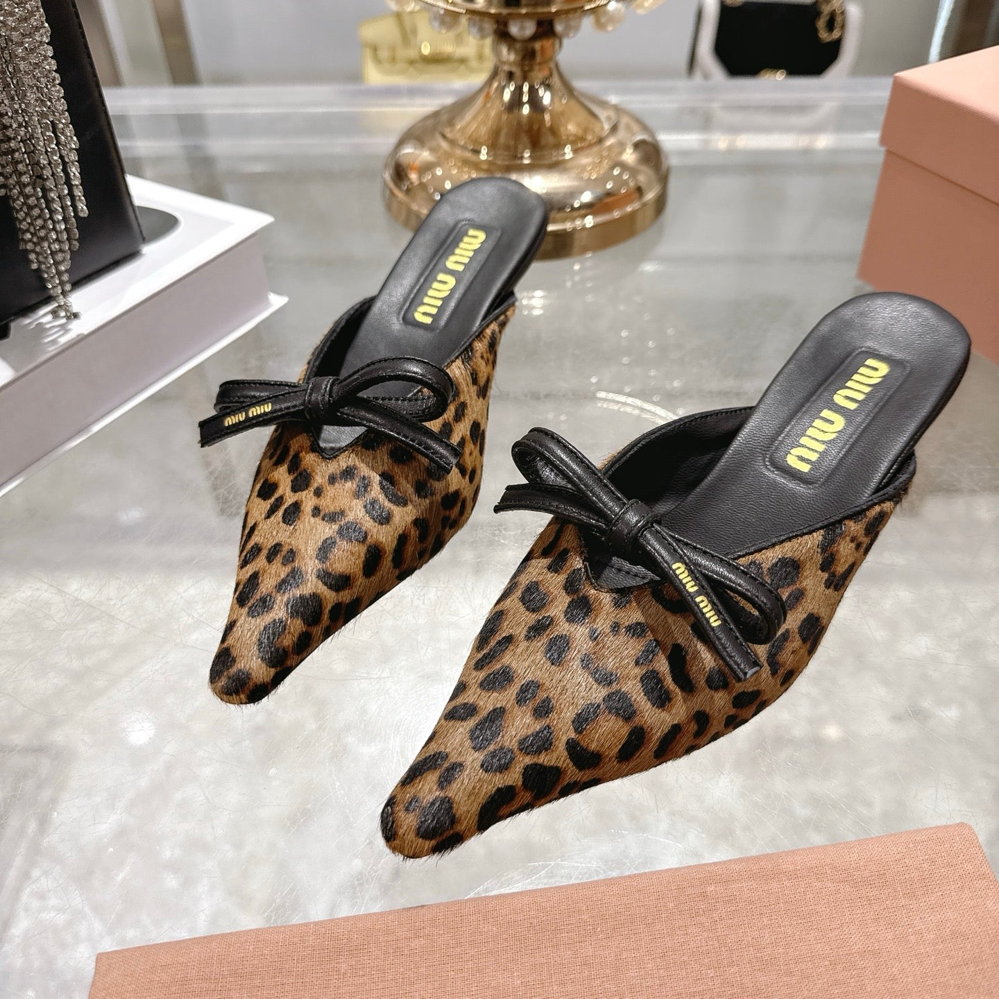 Miu 26 Pointed Toe Mule 45 Leopard Print Sheepskin 592091