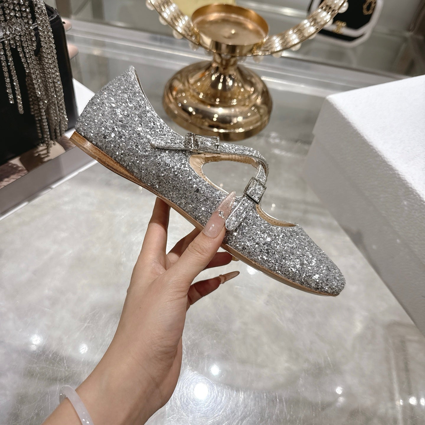 CD 26 Ballet Flats Gray Leather With Sequins 592216