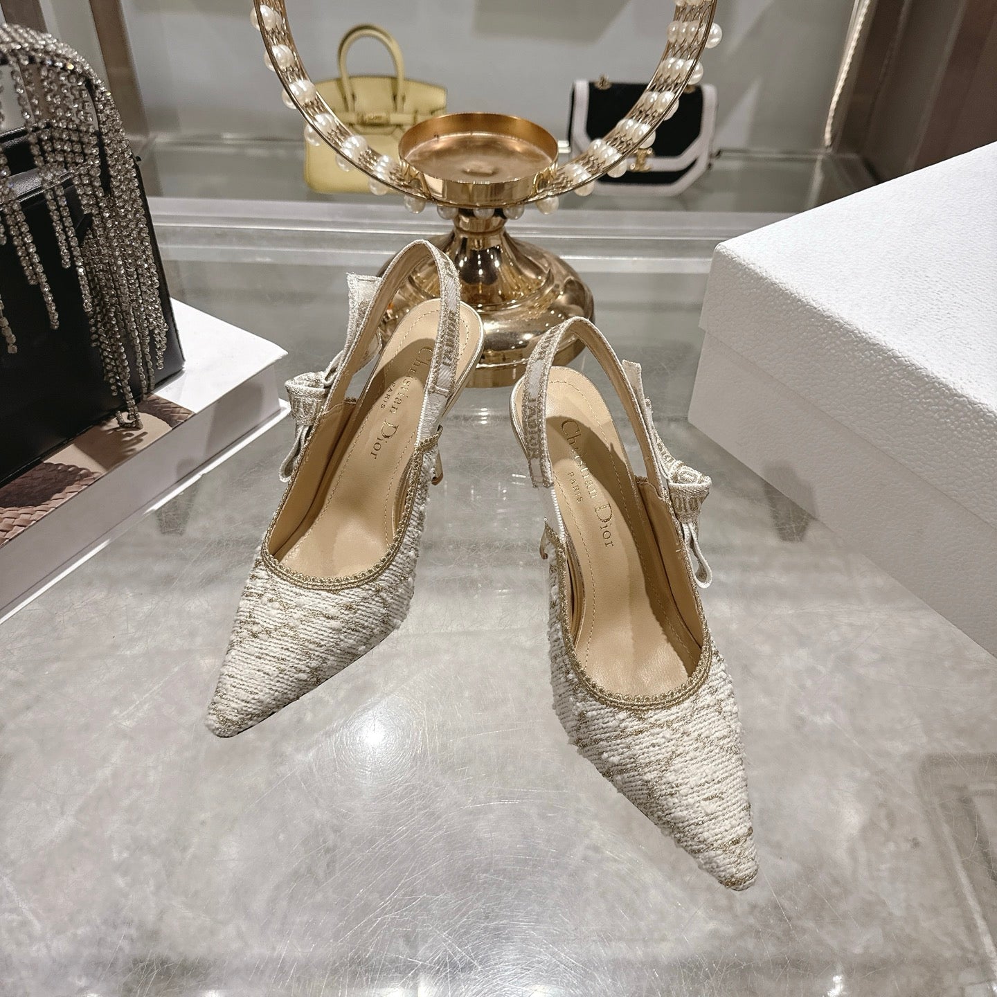 CD  26 Slingback 85mm Light Cream Gold Tweed 592230