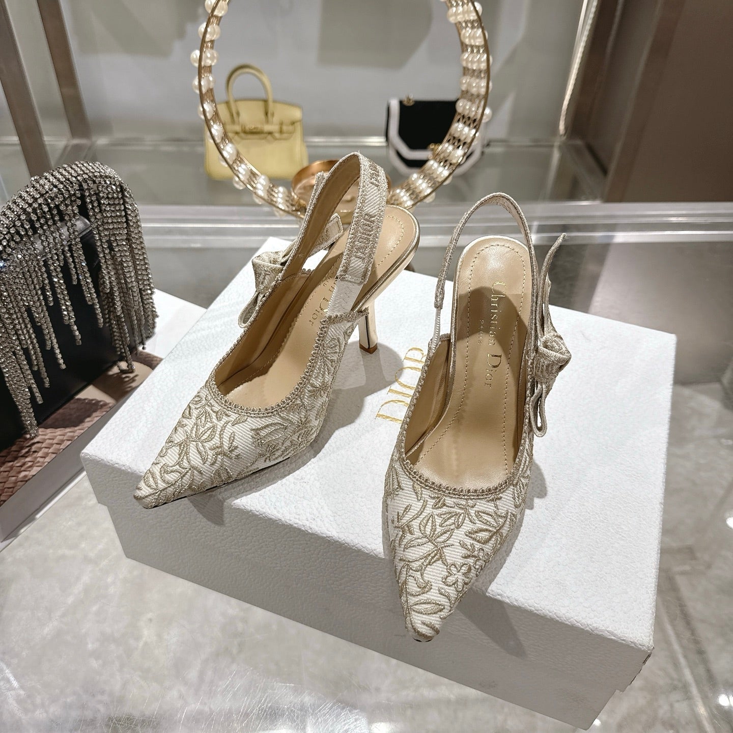 CD 26 Slingback Metallic Floral Embroidery 85mm Ivory Gold Tweed 592232