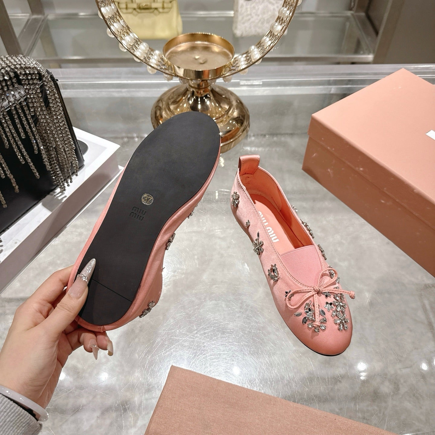 Miu 26 Ballet Flats with Crystal Rhinestones Pink Silk Satin 592102