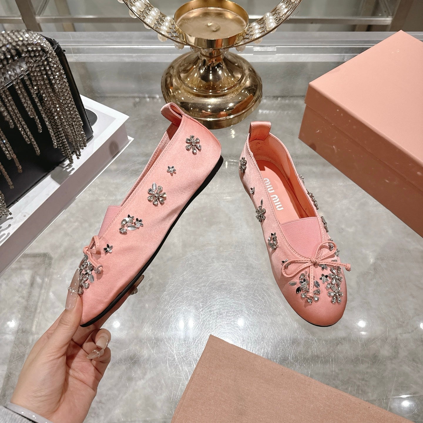 Miu 26 Ballet Flats with Crystal Rhinestones Pink Silk Satin 592102