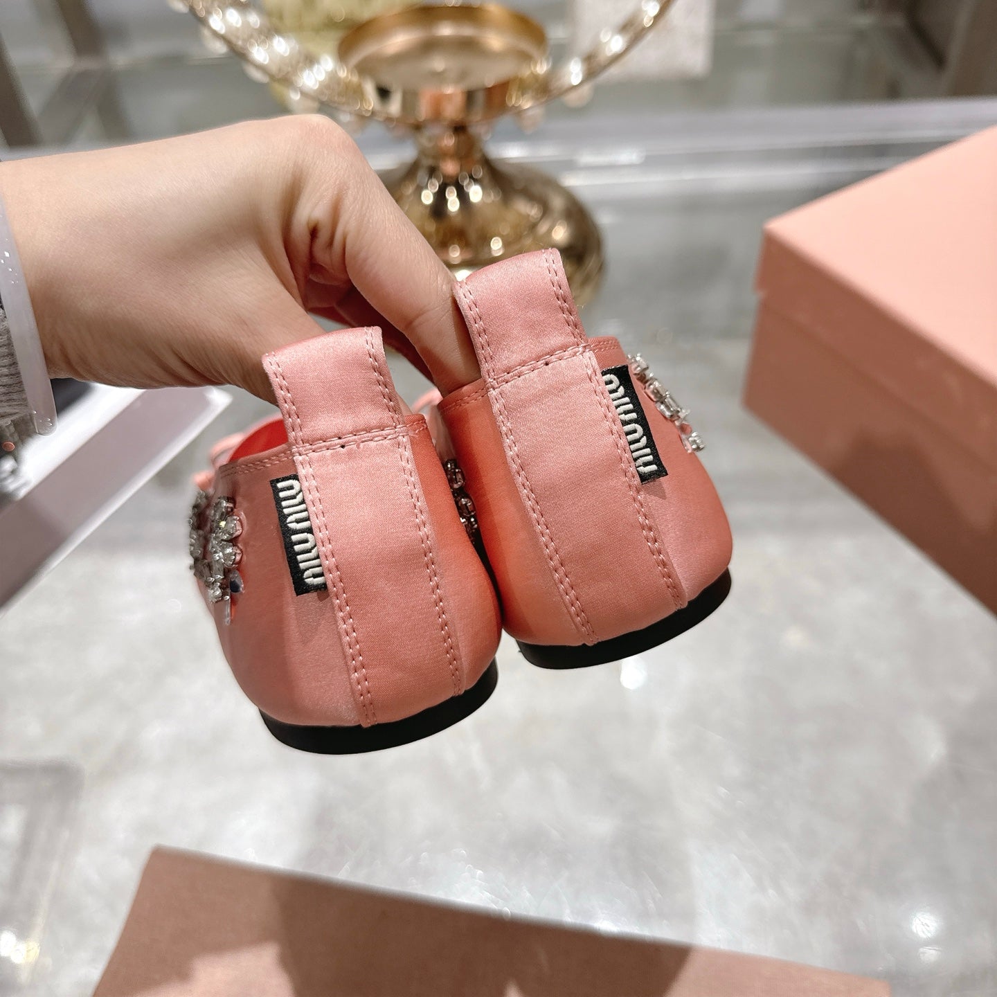 Miu 26 Ballet Flats with Crystal Rhinestones Pink Silk Satin 592102