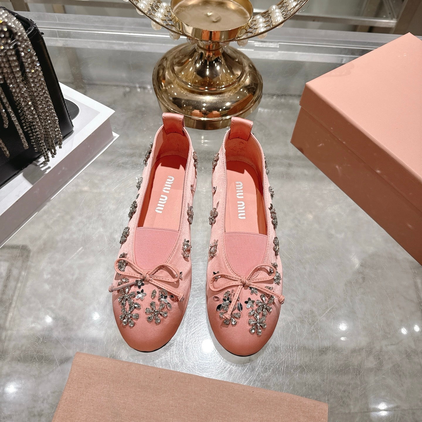 Miu 26 Ballet Flats with Crystal Rhinestones Pink Silk Satin 592102