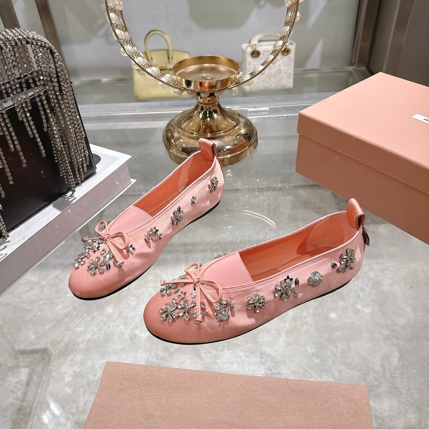 Miu 26 Ballet Flats with Crystal Rhinestones Pink Silk Satin 592102