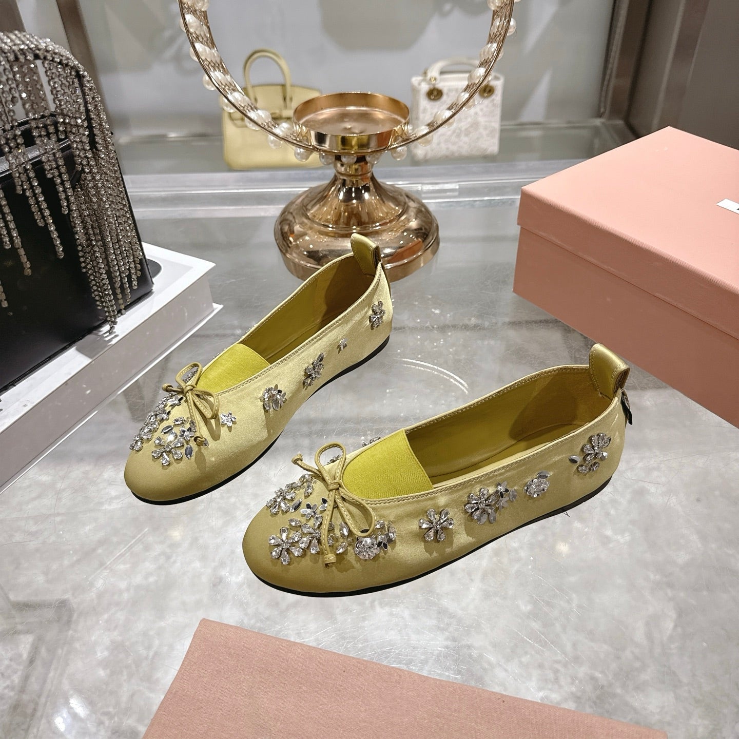 Miu 26 Ballet Flats with Crystal Rhinestones Lemony Yellow Silk Satin 592103