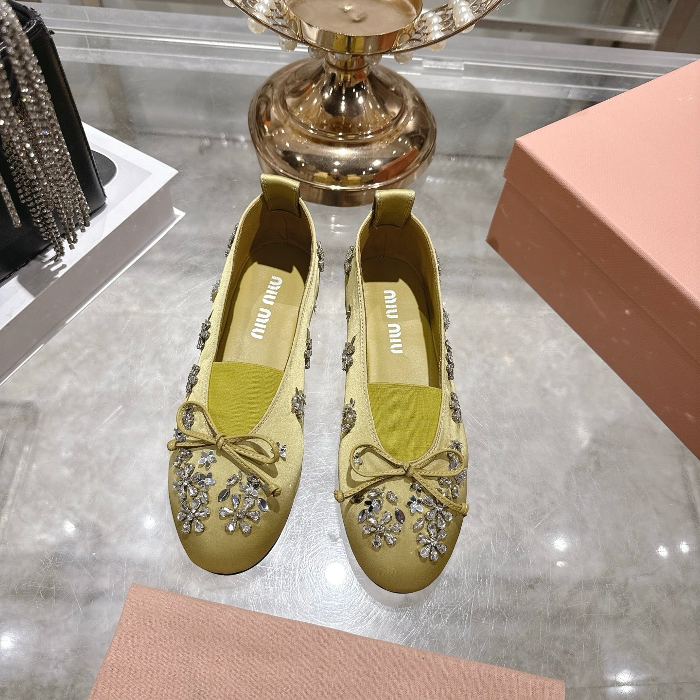 Miu 26 Ballet Flats with Crystal Rhinestones Lemony Yellow Silk Satin 592103