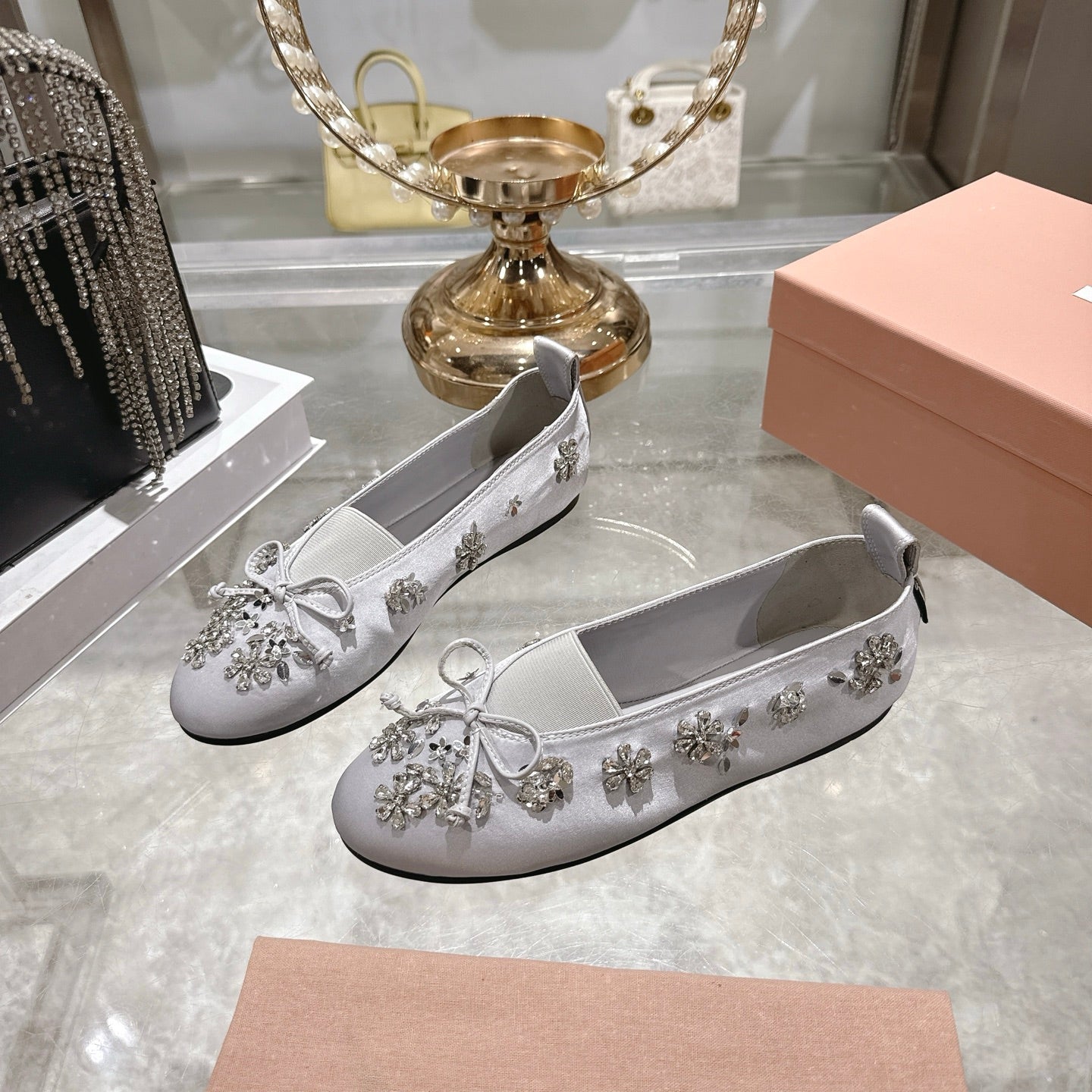 Miu 26 Ballet Flats with Crystal Rhinestones Gray Silk Satin 592104