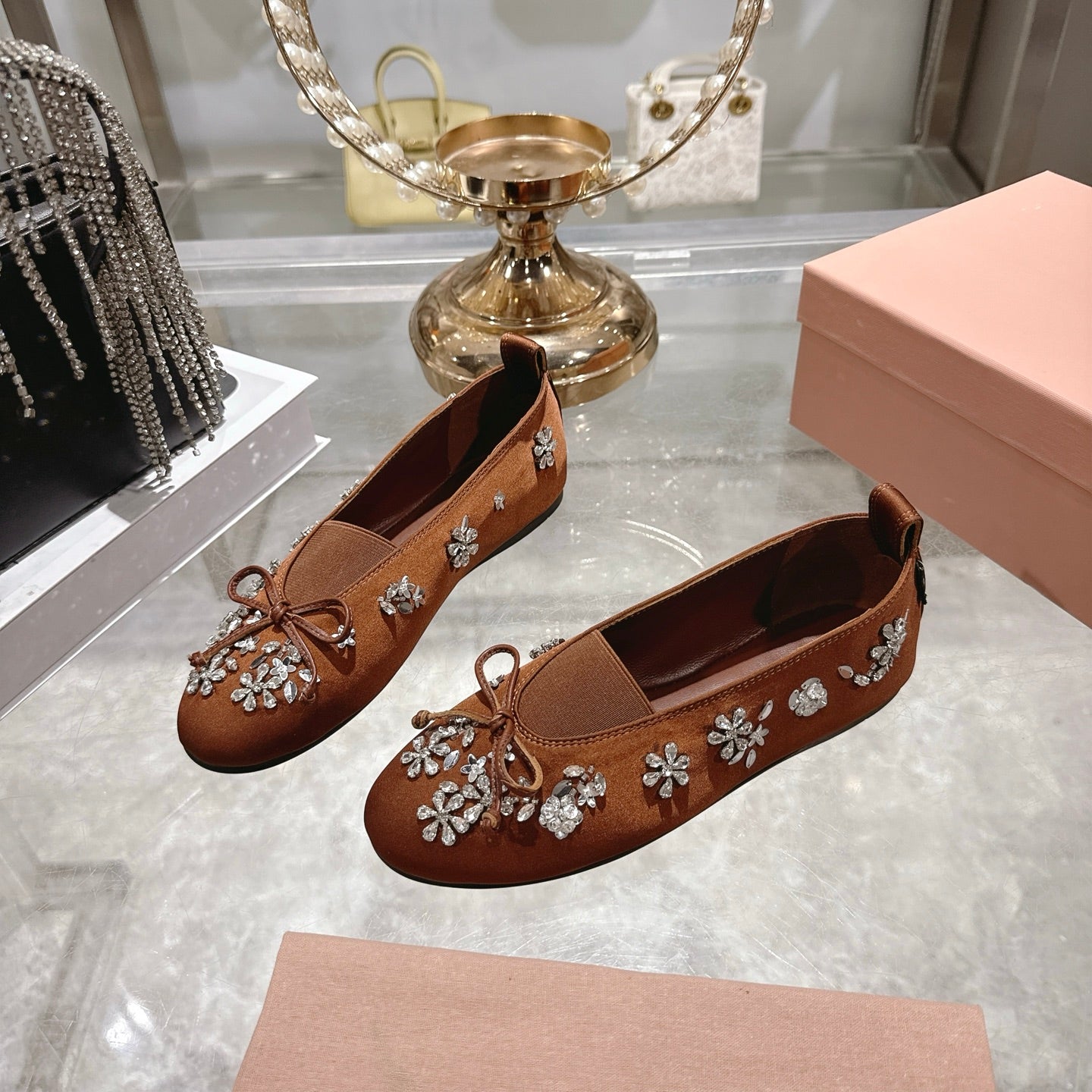 Miu 26 Ballet Flats with Crystal Rhinestones Brown Silk Satin 592105
