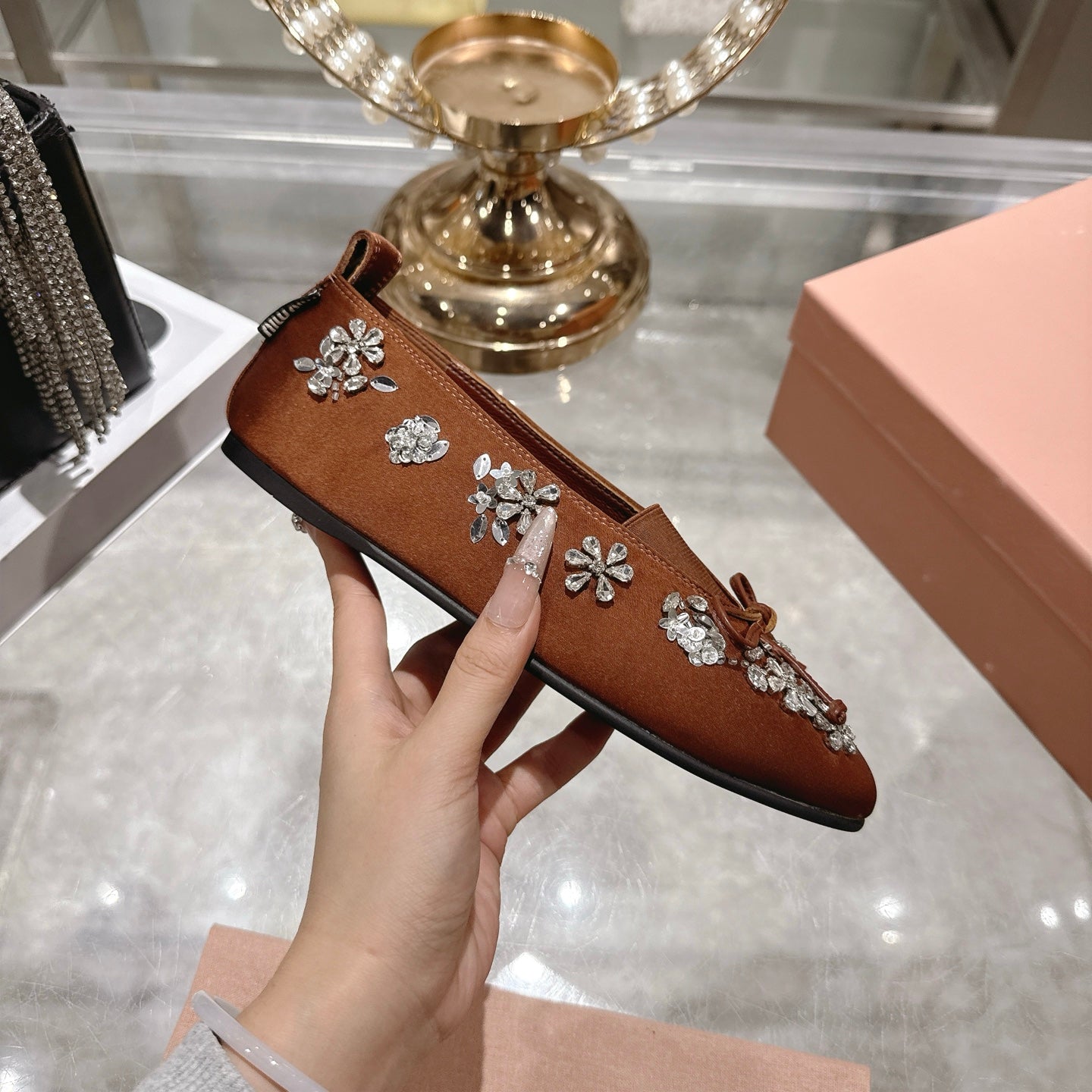 Miu 26 Ballet Flats with Crystal Rhinestones Brown Silk Satin 592105
