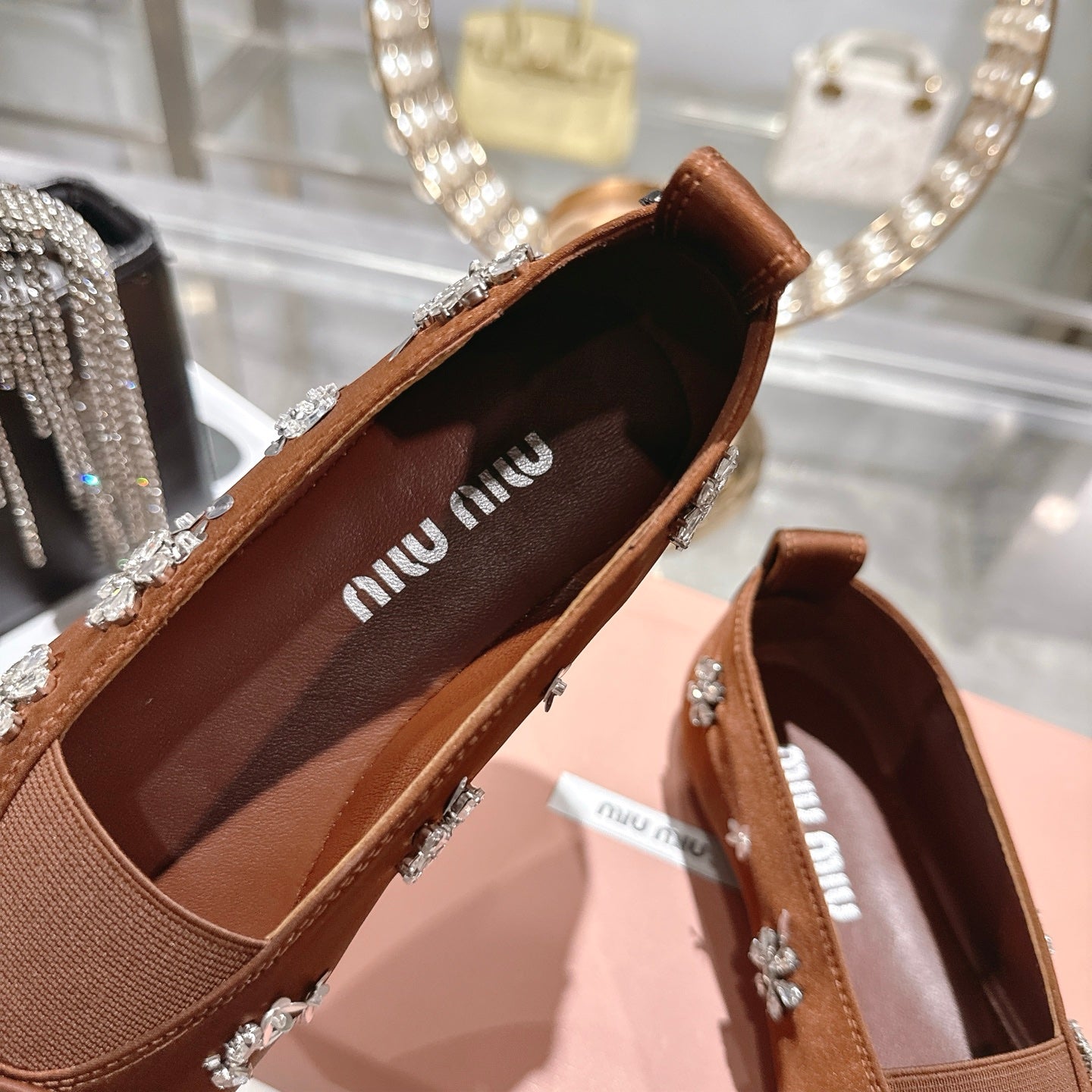 Miu 26 Ballet Flats with Crystal Rhinestones Brown Silk Satin 592105