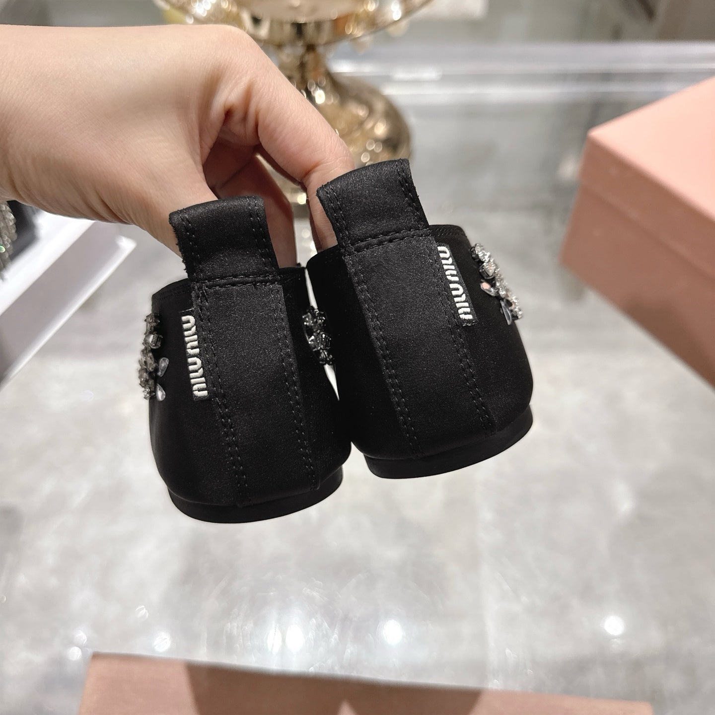 Miu 26 Ballet Flats with Crystal Rhinestones Black Silk Satin 592106