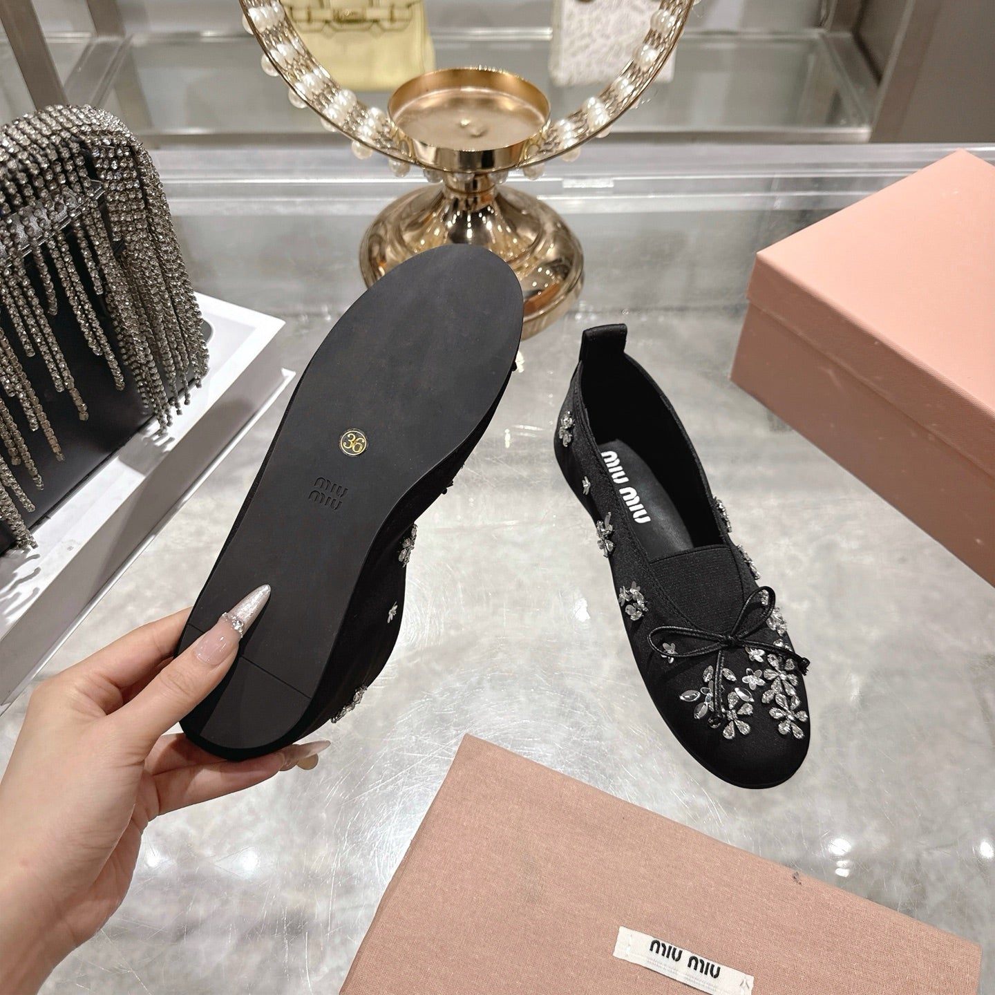 Miu 26 Ballet Flats with Crystal Rhinestones Black Silk Satin 592106
