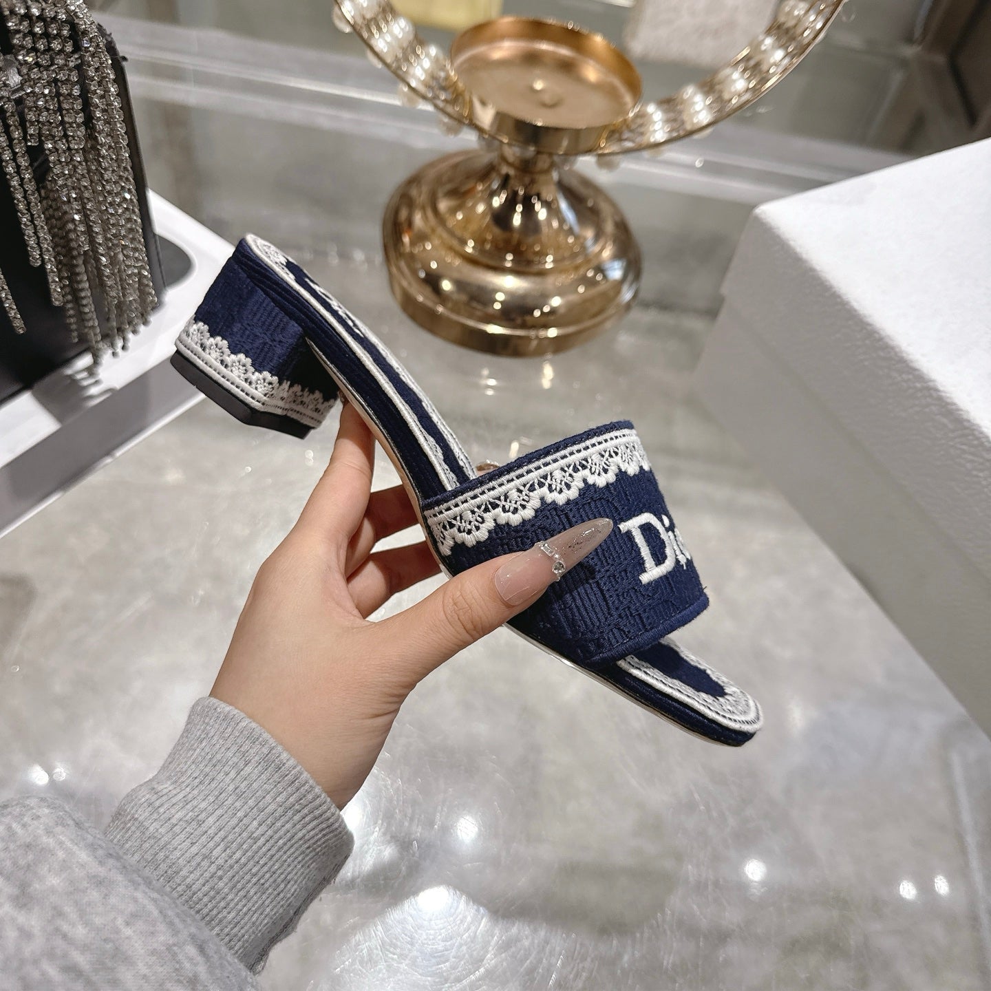 CD  26 Embroidered Sandals 45mm Dark Blue White Canvas 592238