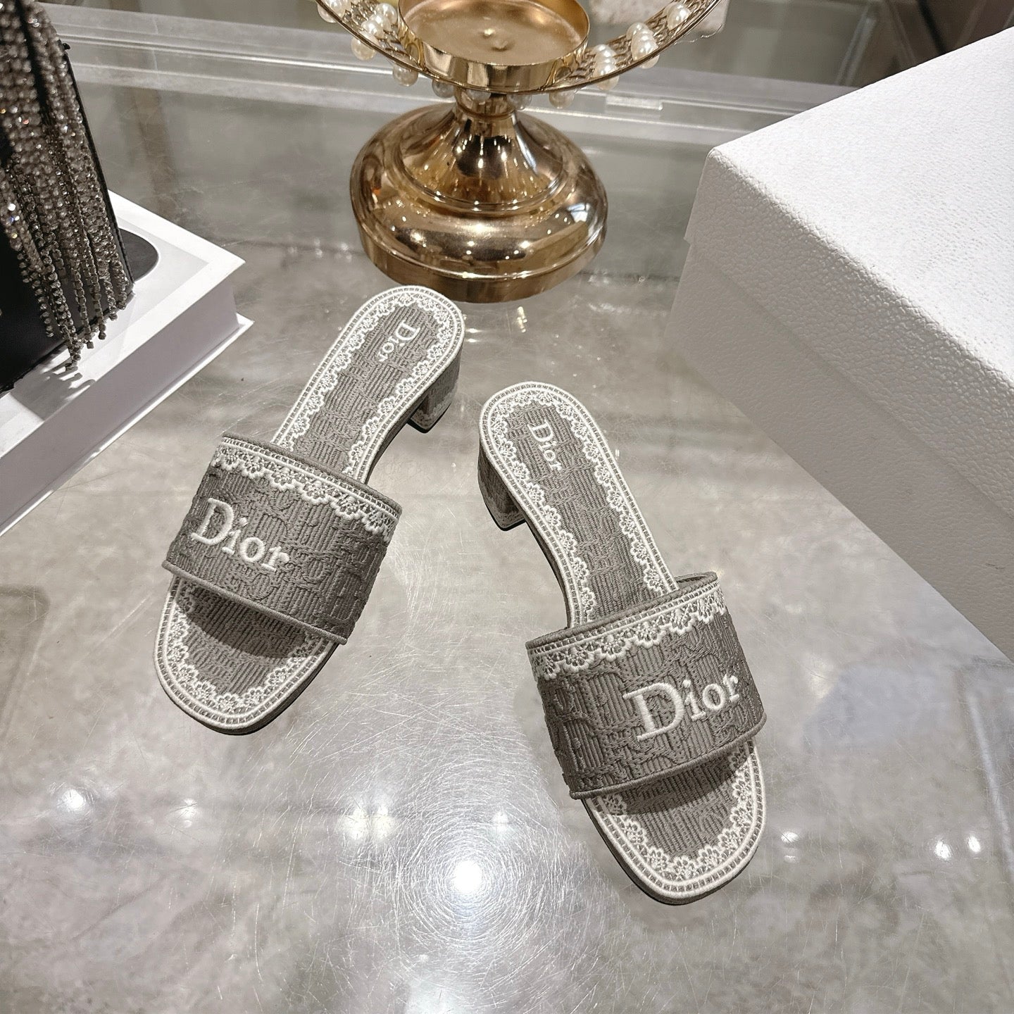 CD 26 Embroidered Sandals 45mm Gray White Canvas 592239