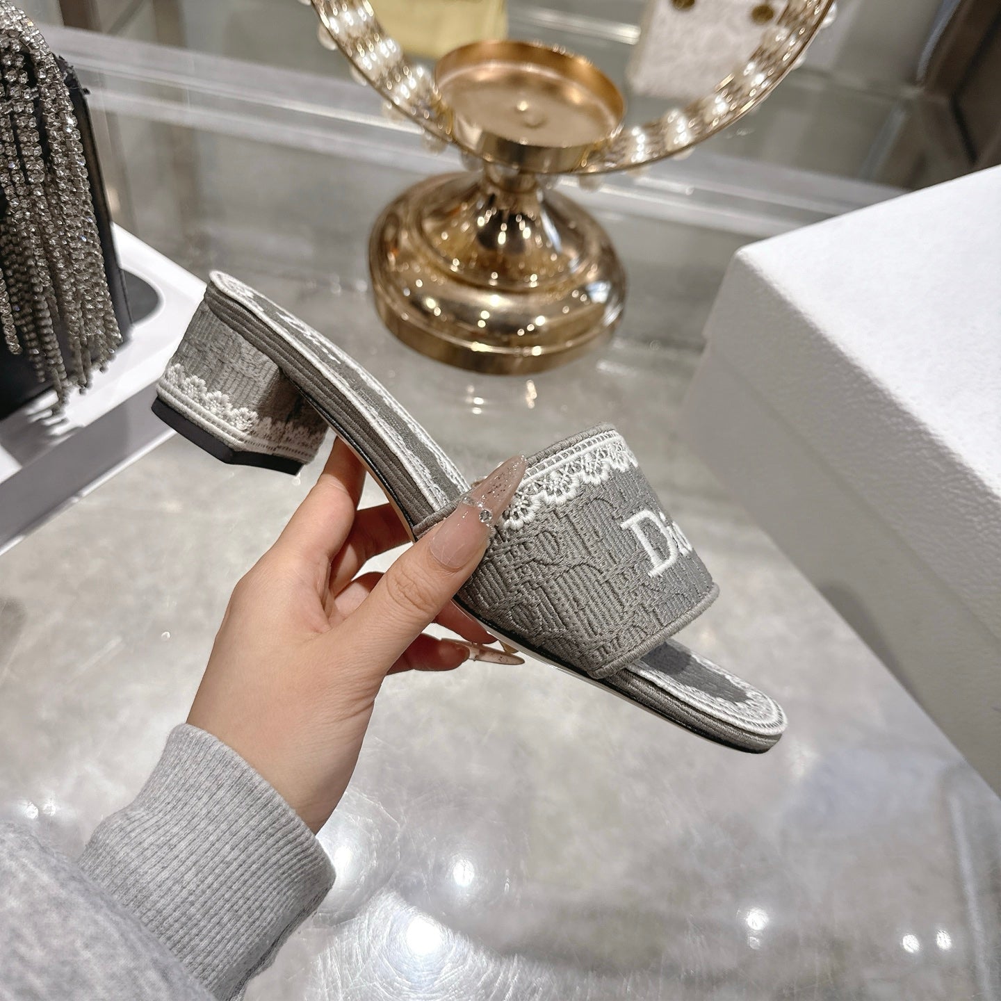 CD 26 Embroidered Sandals 45mm Gray White Canvas 592239