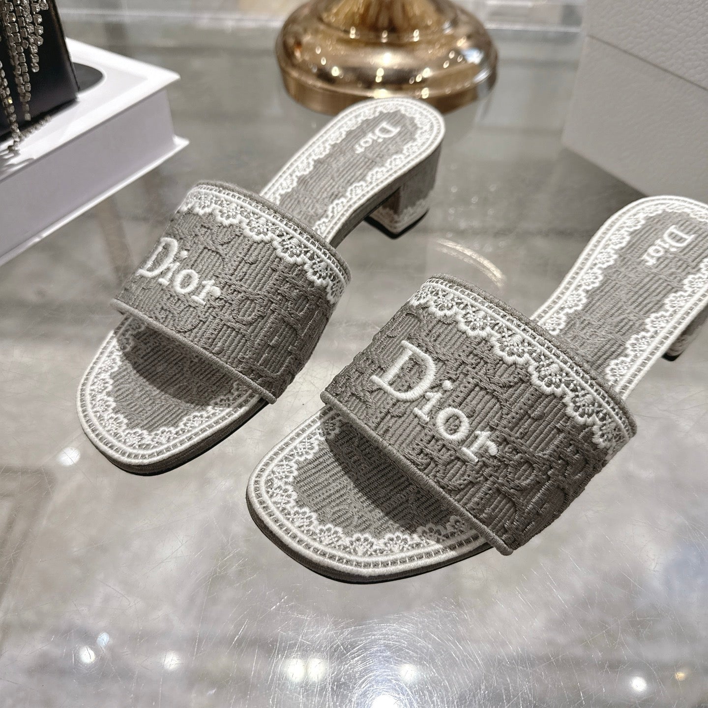 CD 26 Embroidered Sandals 45mm Gray White Canvas 592239