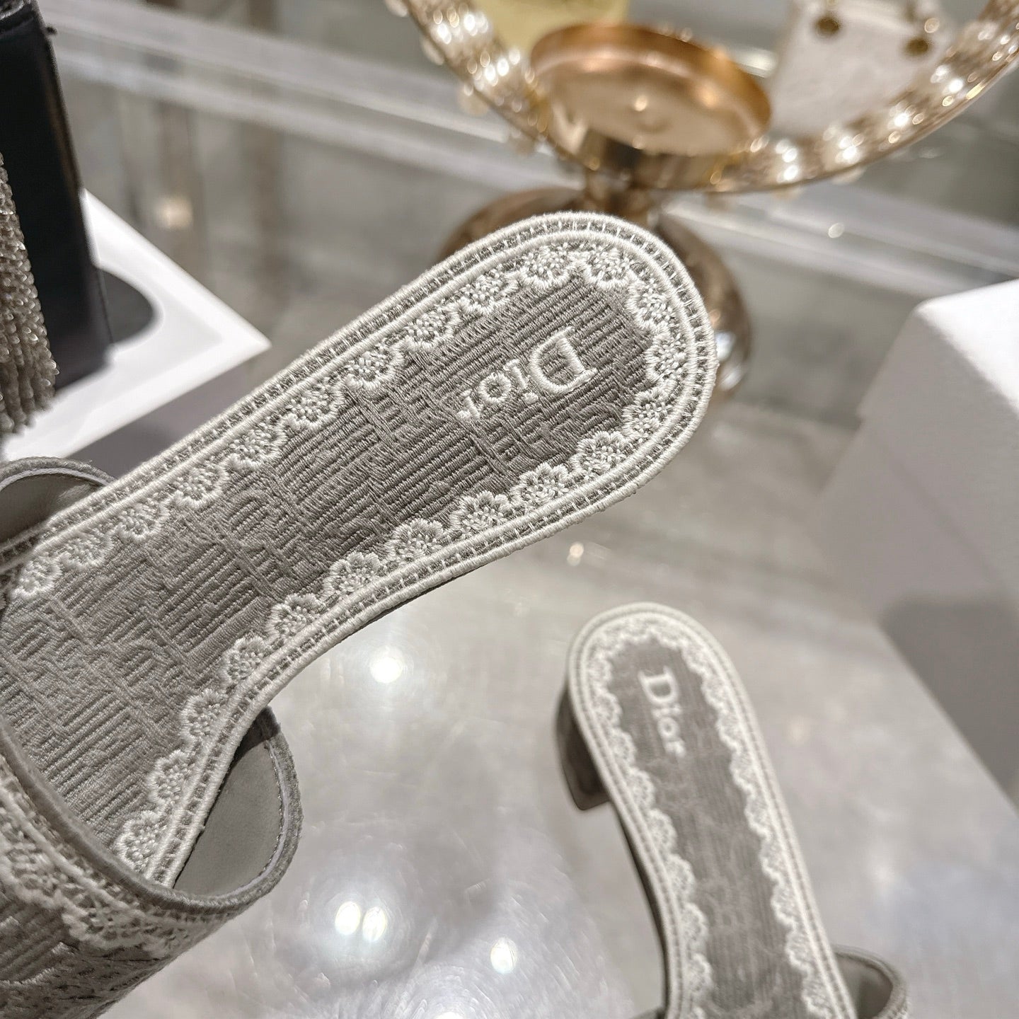 CD 26 Embroidered Sandals 45mm Gray White Canvas 592239