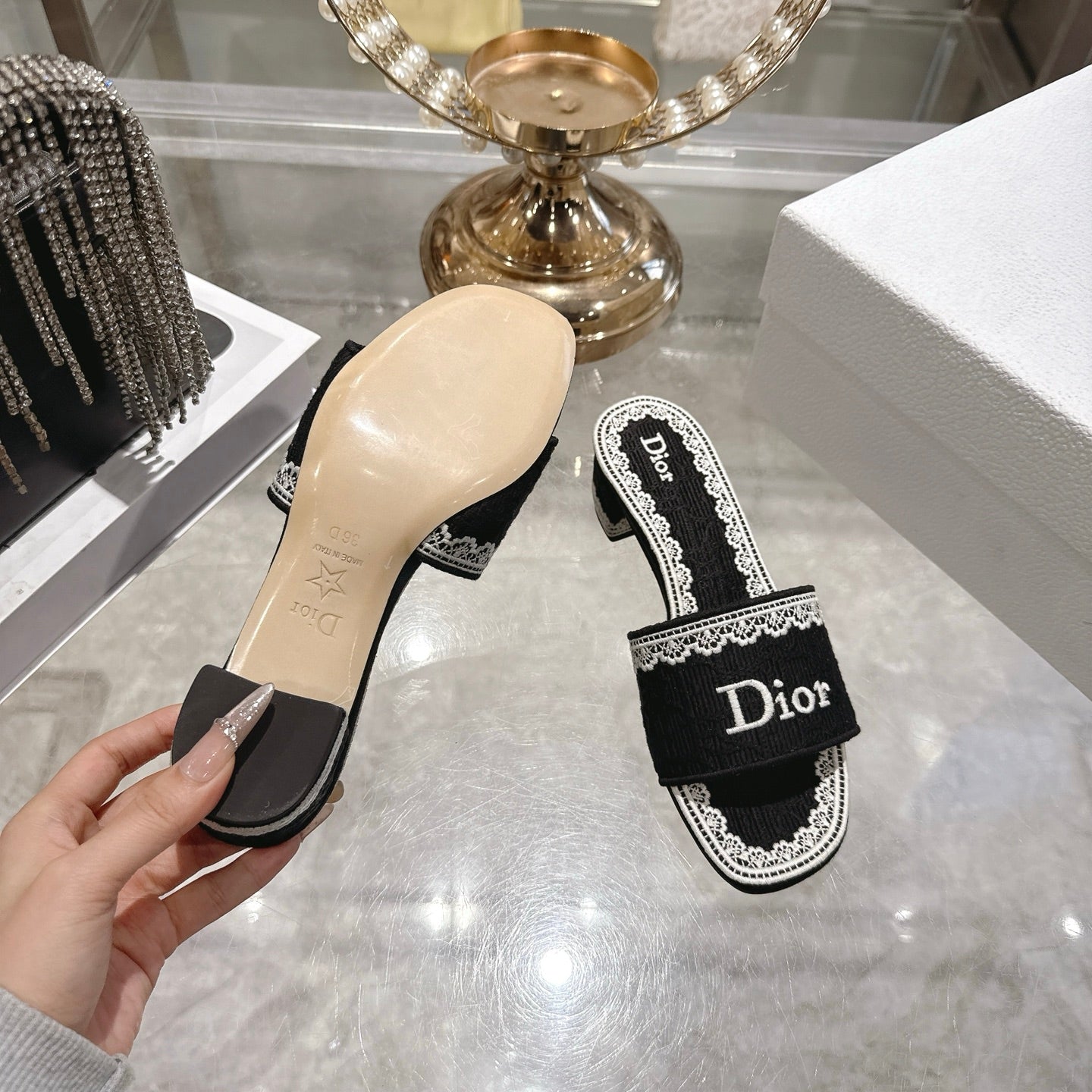 CD 26 Embroidered Sandals 45mm Black White Canvas 592240