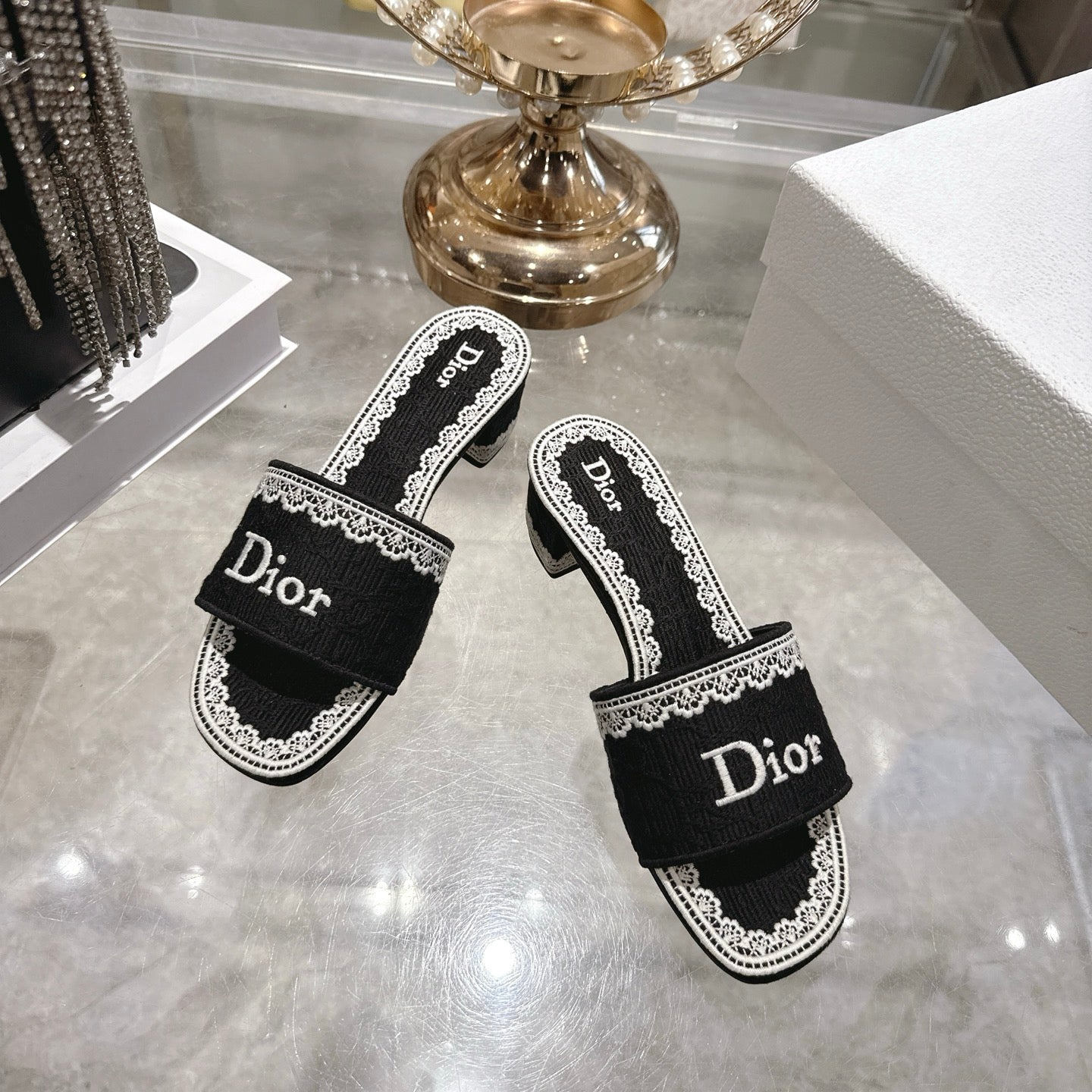 CD 26 Embroidered Sandals 45mm Black White Canvas 592240