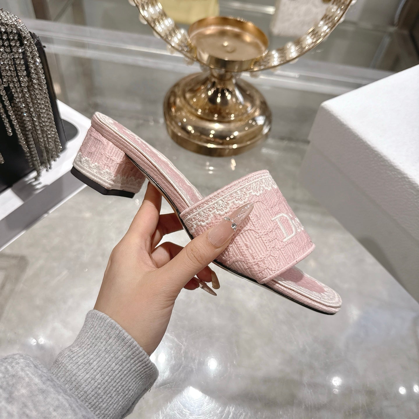 CD 26 Embroidered Sandals 45mm Pink White Canvas 592241