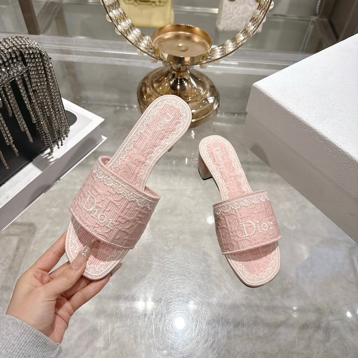 CD 26 Embroidered Sandals 45mm Pink White Canvas 592241