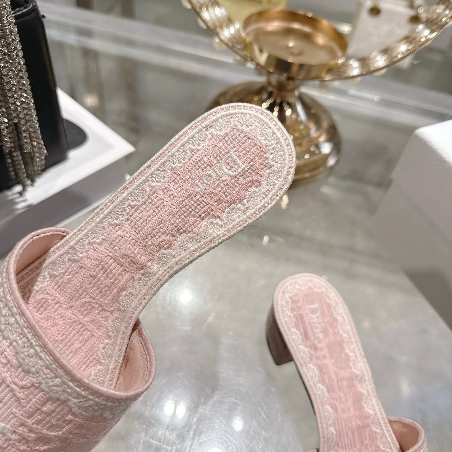 CD 26 Embroidered Sandals 45mm Pink White Canvas 592241